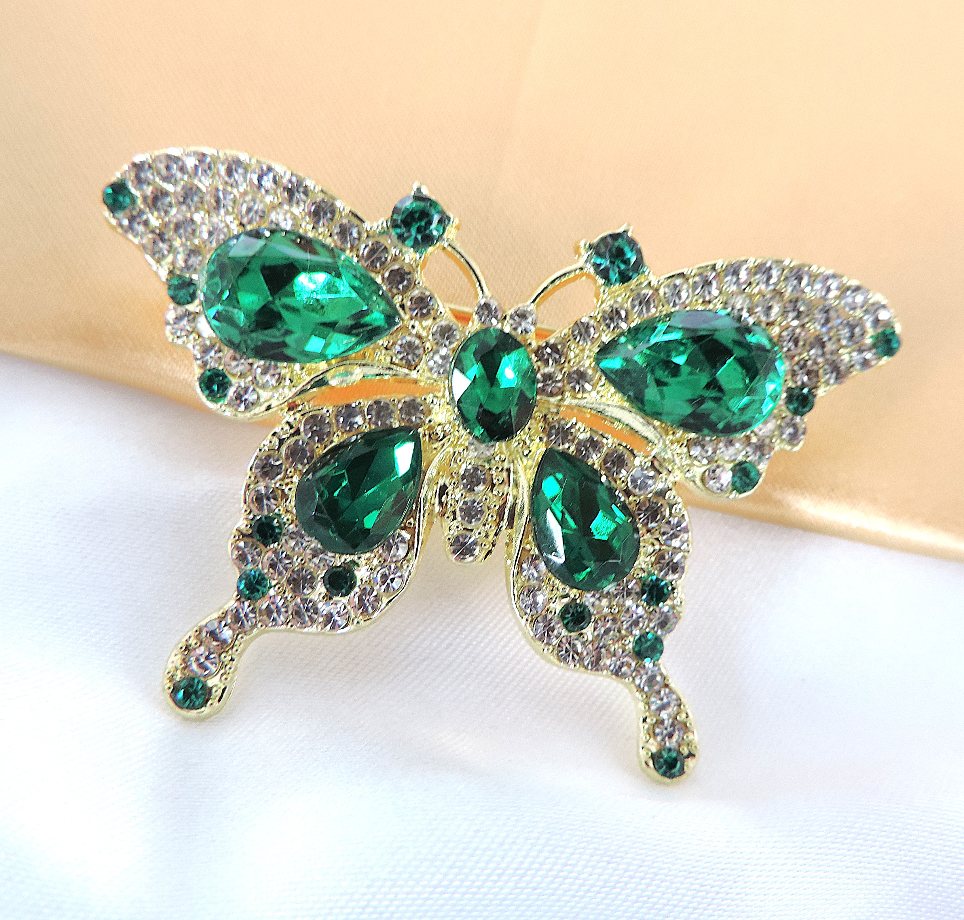 Green & WhIte Crystal Butterfly Brooch