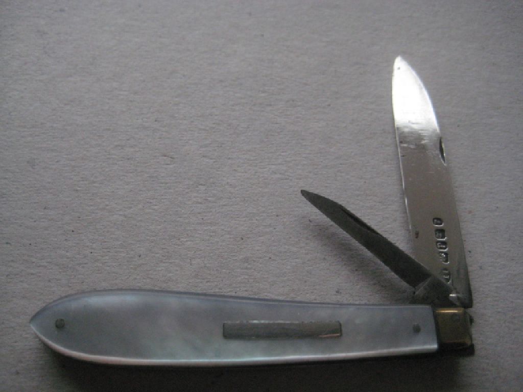 Rare George IV Mother of Pearl Hafted Twin Bladed Silver Folding Fruit Knife, Sheffield 1827
