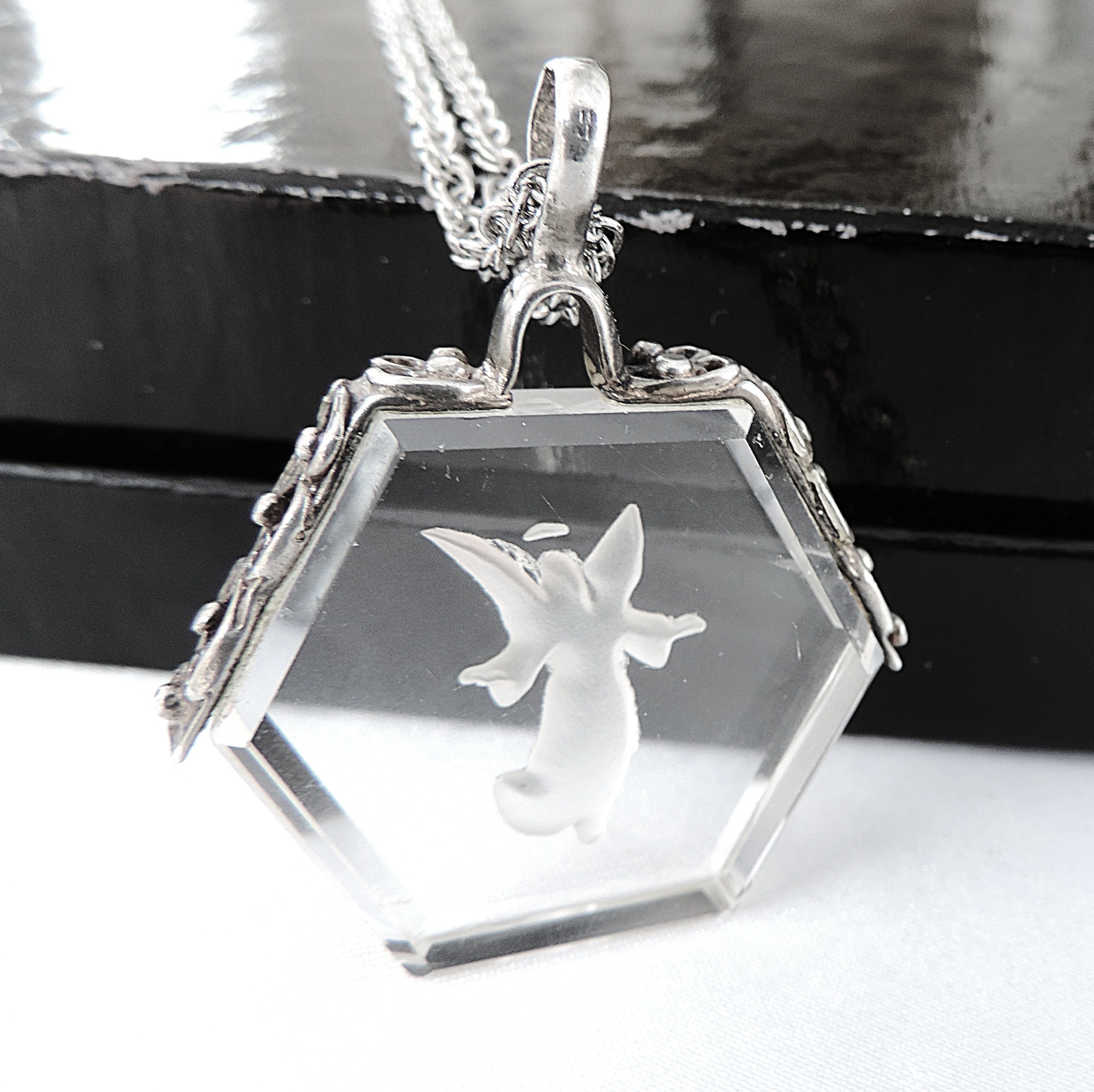 Antique 925 Silver Rock Crystal Carved Angel Intaglio Necklace