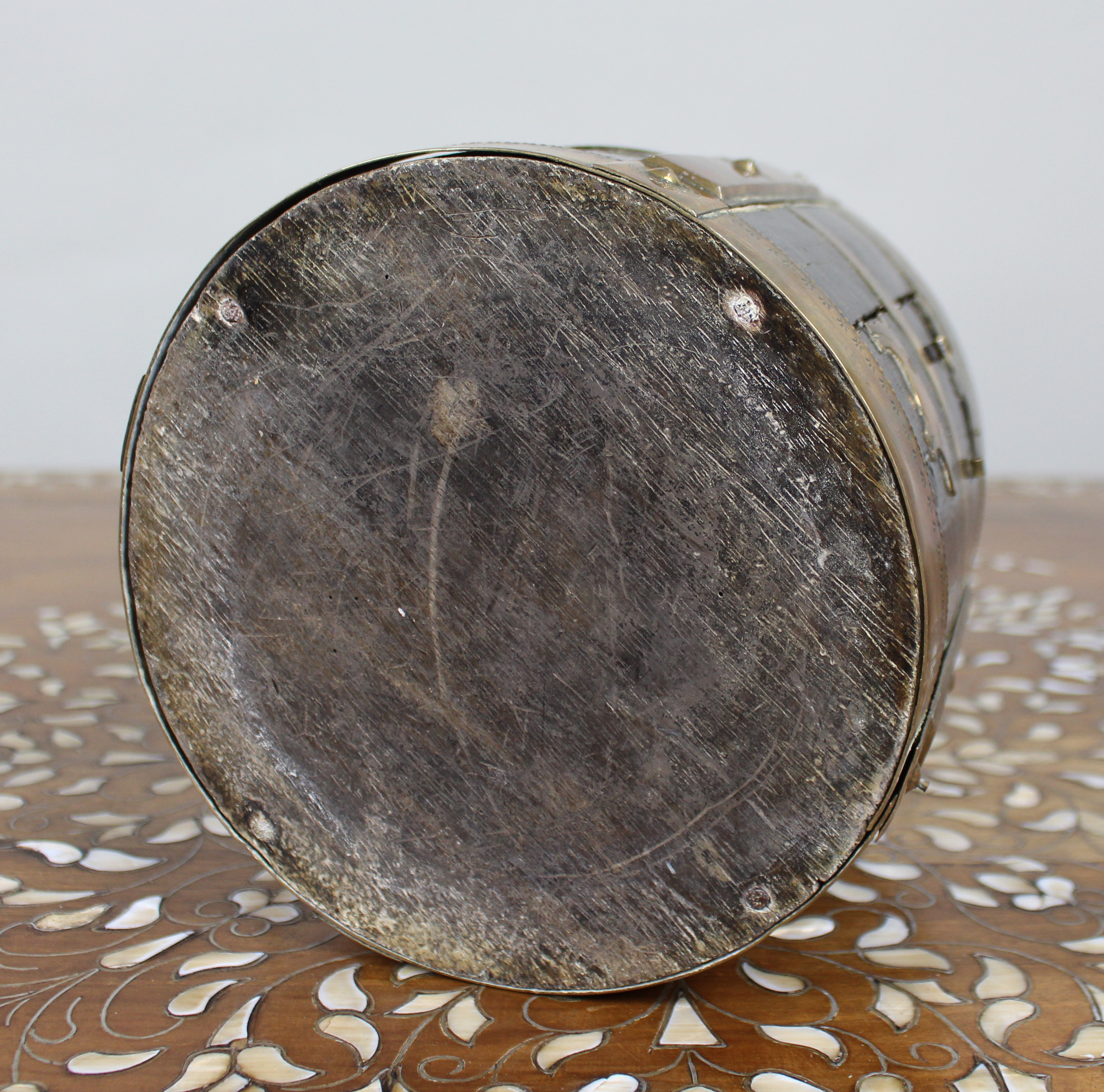 Early 20th Century Indian Brass-Mounted Wooden Bucket with Zodiac Animal Motifs