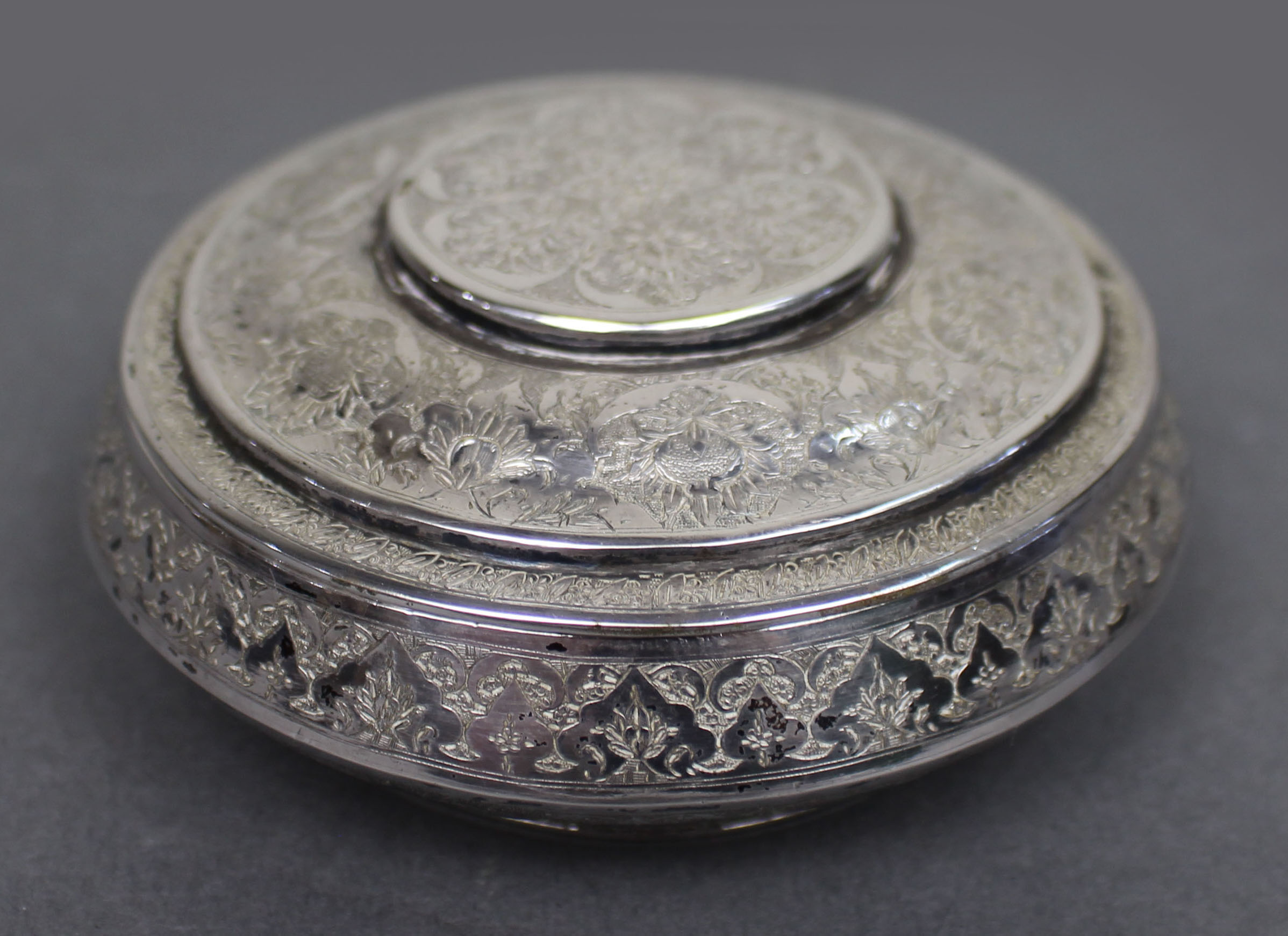 Persian Silver Circular Box with Floral Motifs, Iran, c.1950
