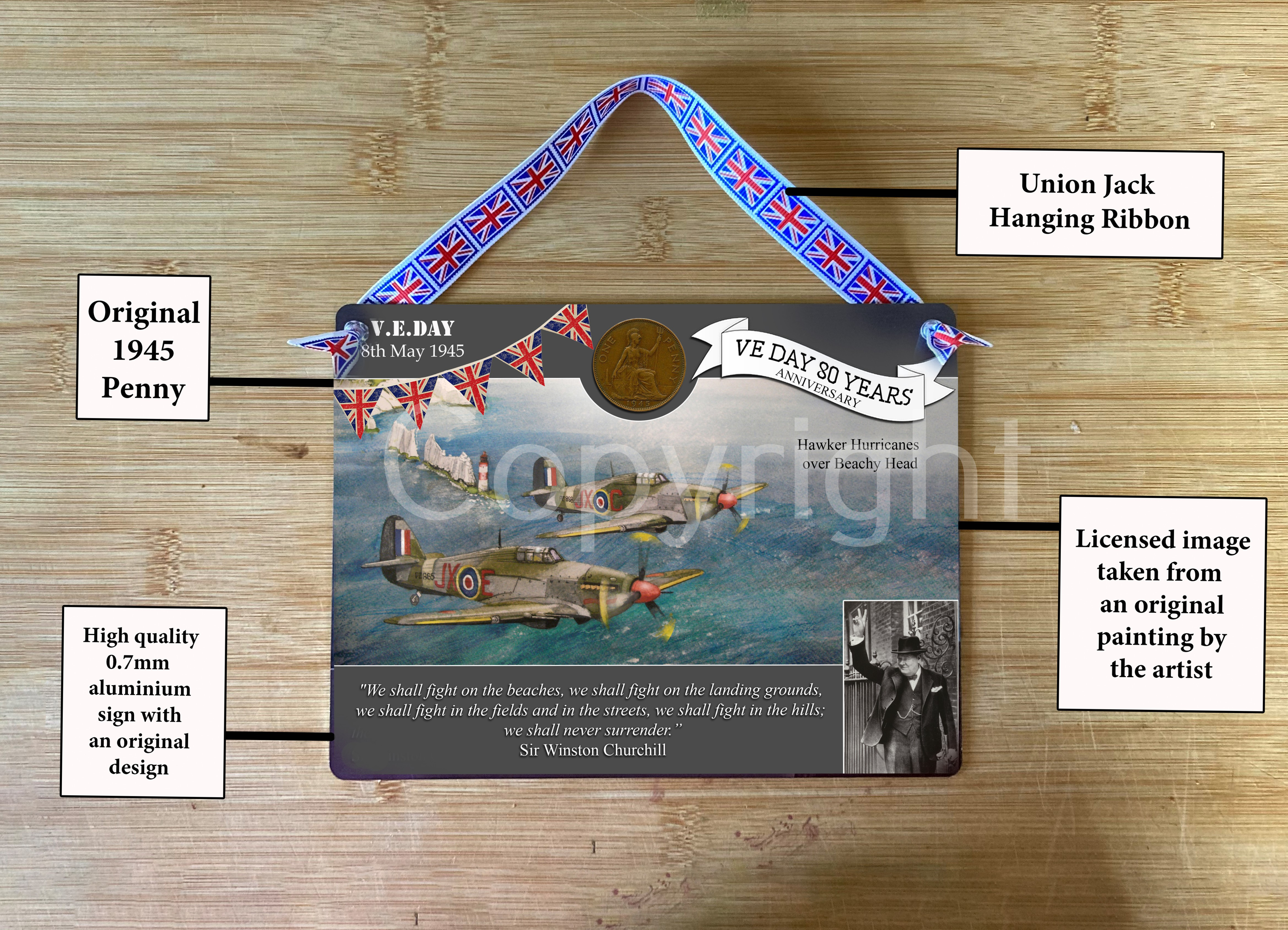 VE Day 80th Anniversary Winston Churchill Designed Metal Art Coin Display