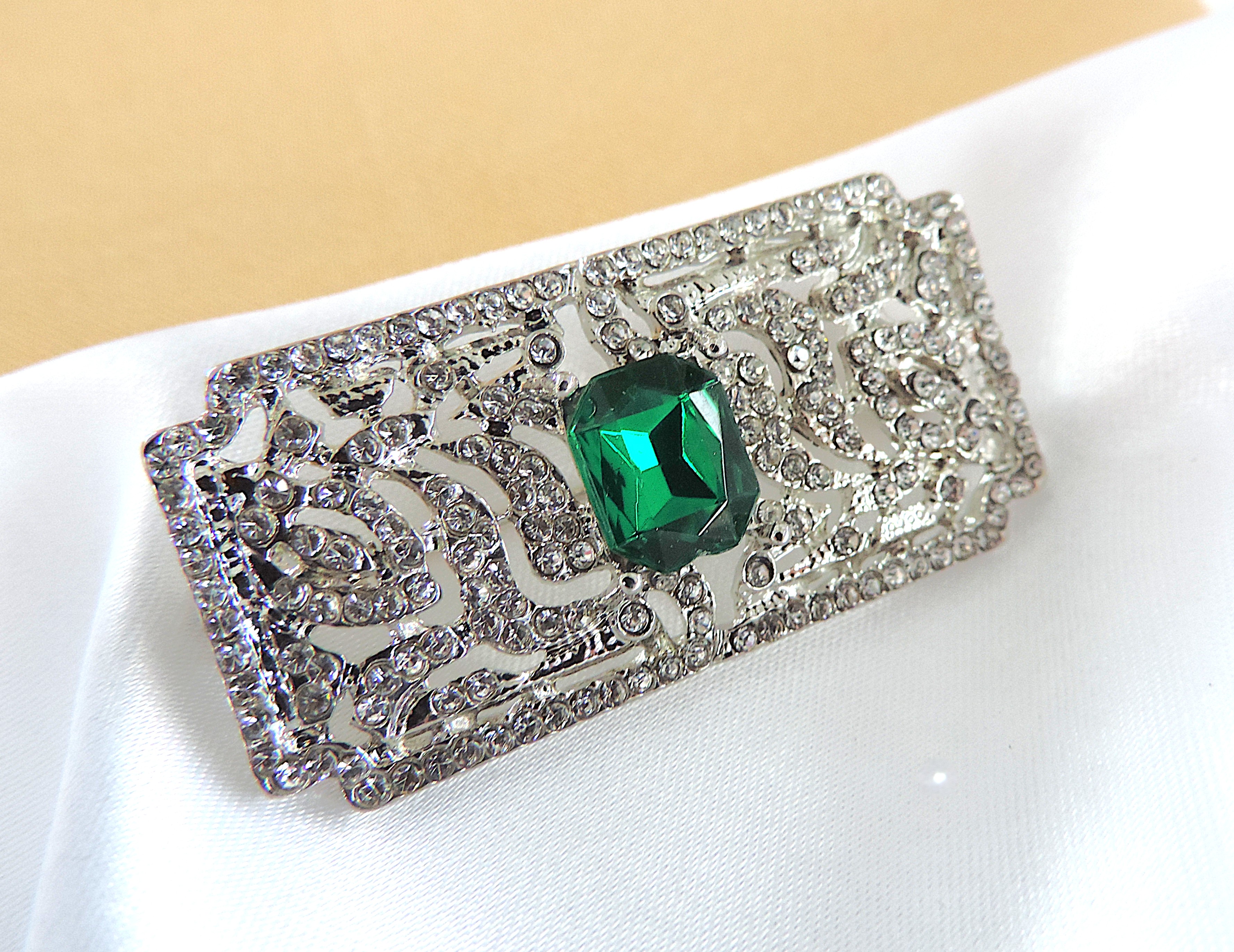Art Deco Style Green & WhIte Crystal Brooch