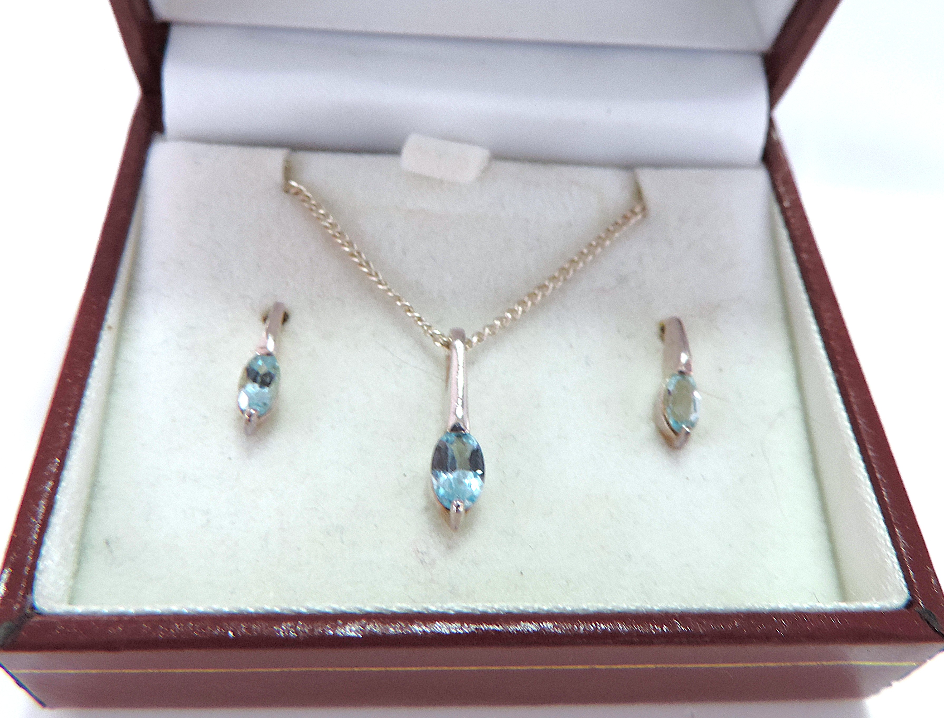 925 Silver Blue Topaz Necklace & Earrings Set 'New Boxed'