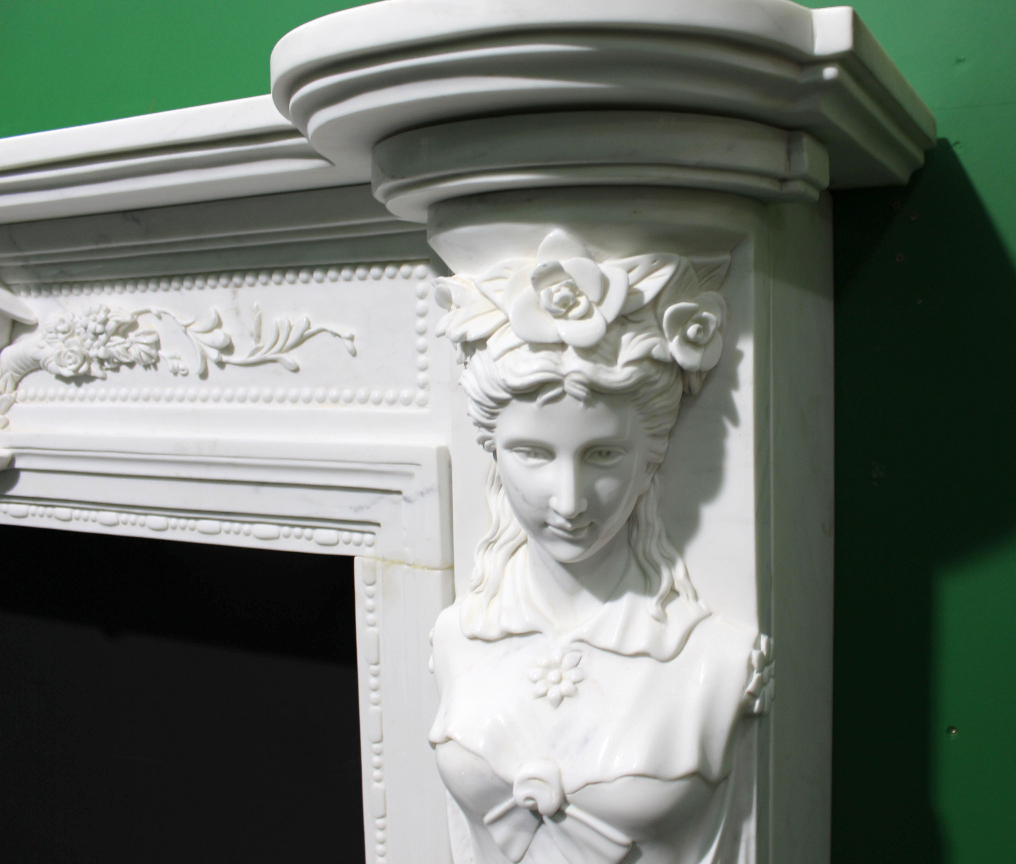 Fine Louis XVI Style Carved White Marble Fireplace Surround with Caryatid Figures
