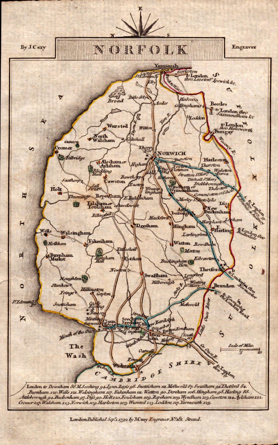 Norfolk John Cary’s 1792 Antique George III Coloured Engraved Map.