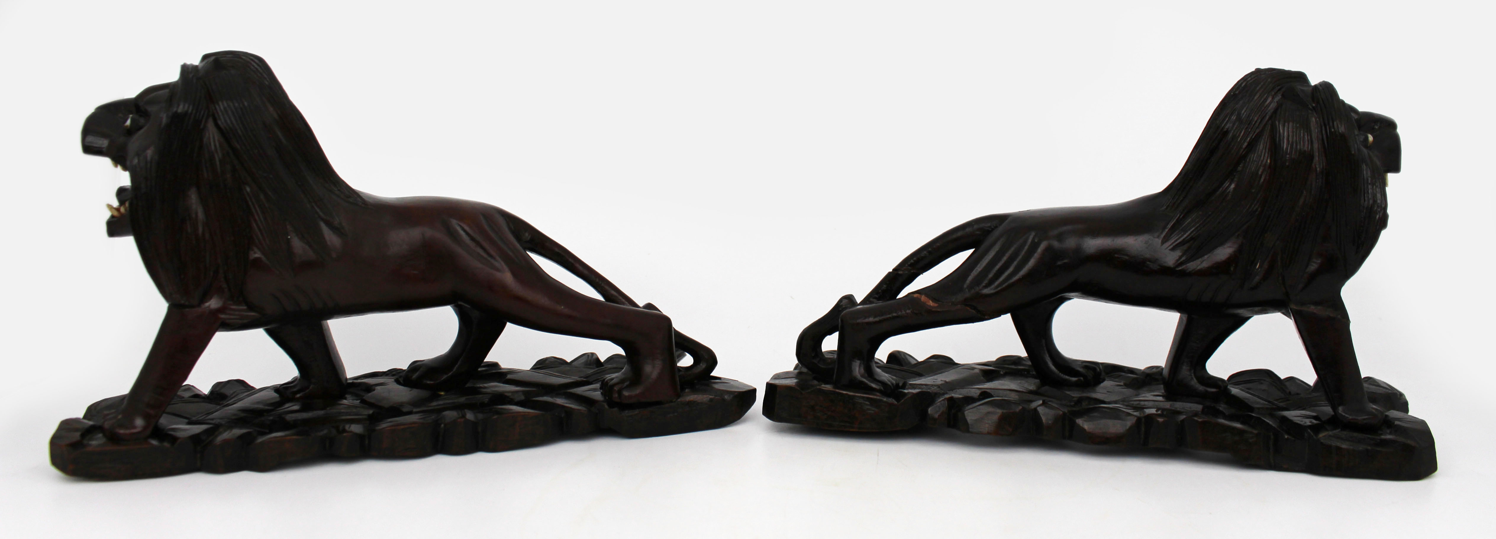 Pair of Antique African Carved Ironwood Lions c.1900