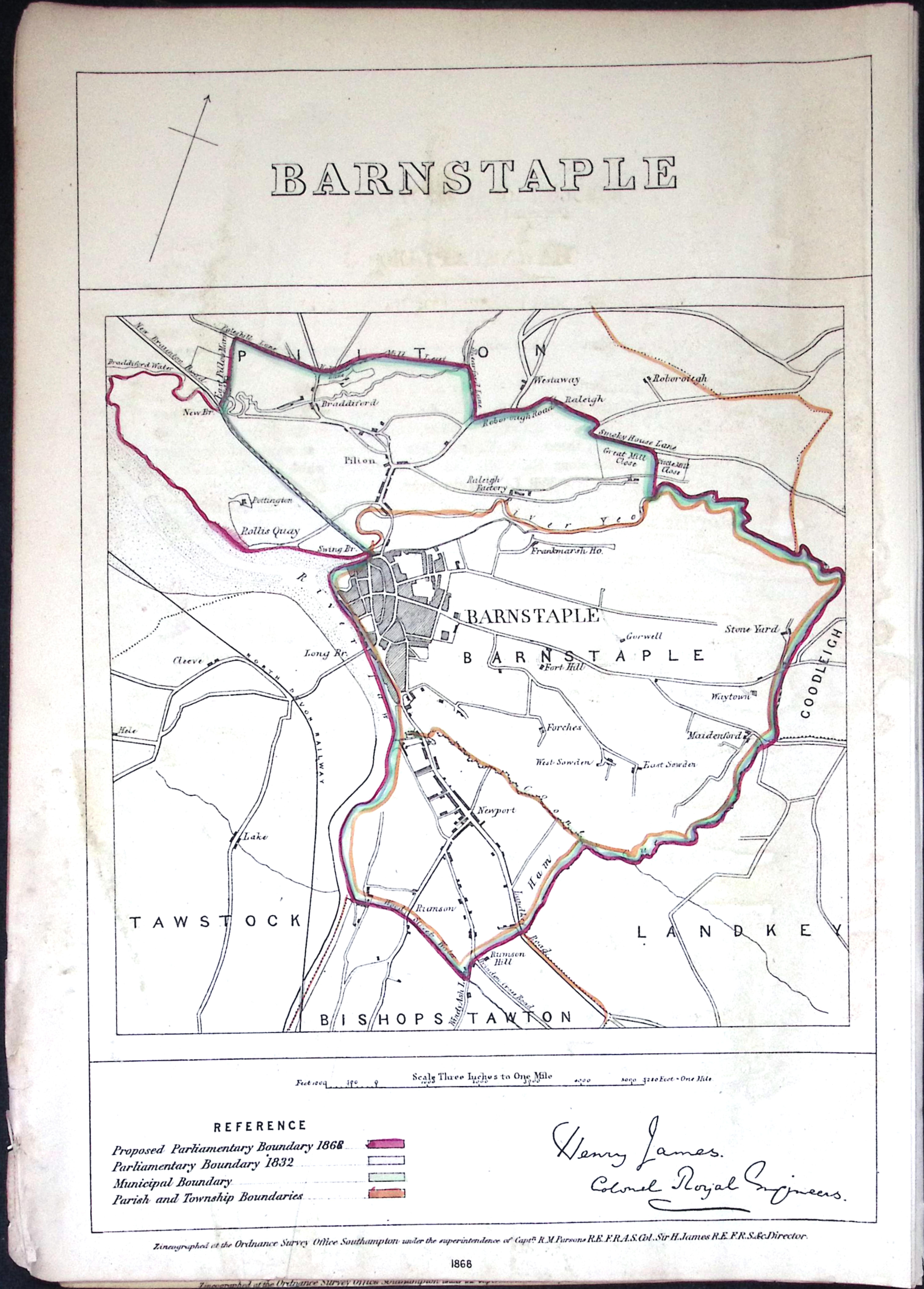 Barnstable Devon Boundary Commission 157-Year-Old Coloured Antique Map.