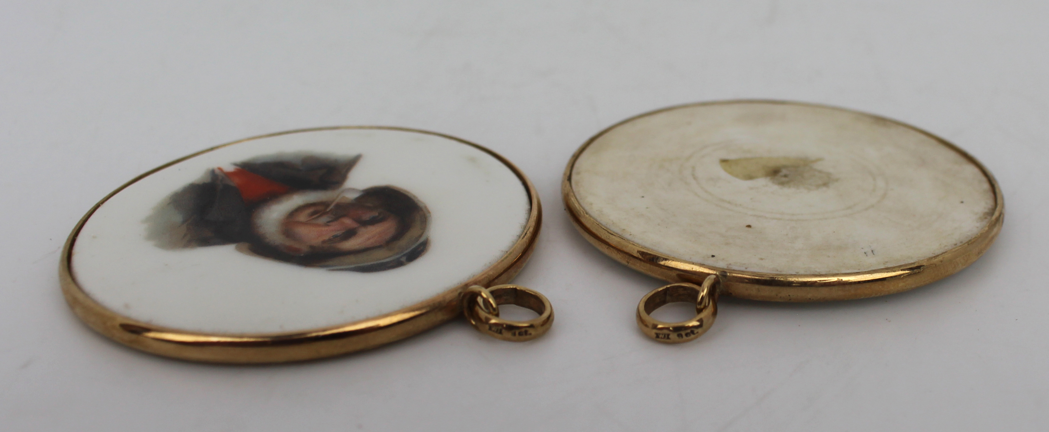Pair of Antique Hand Painted Porcelain Plaques in 9ct Gold Surrounds