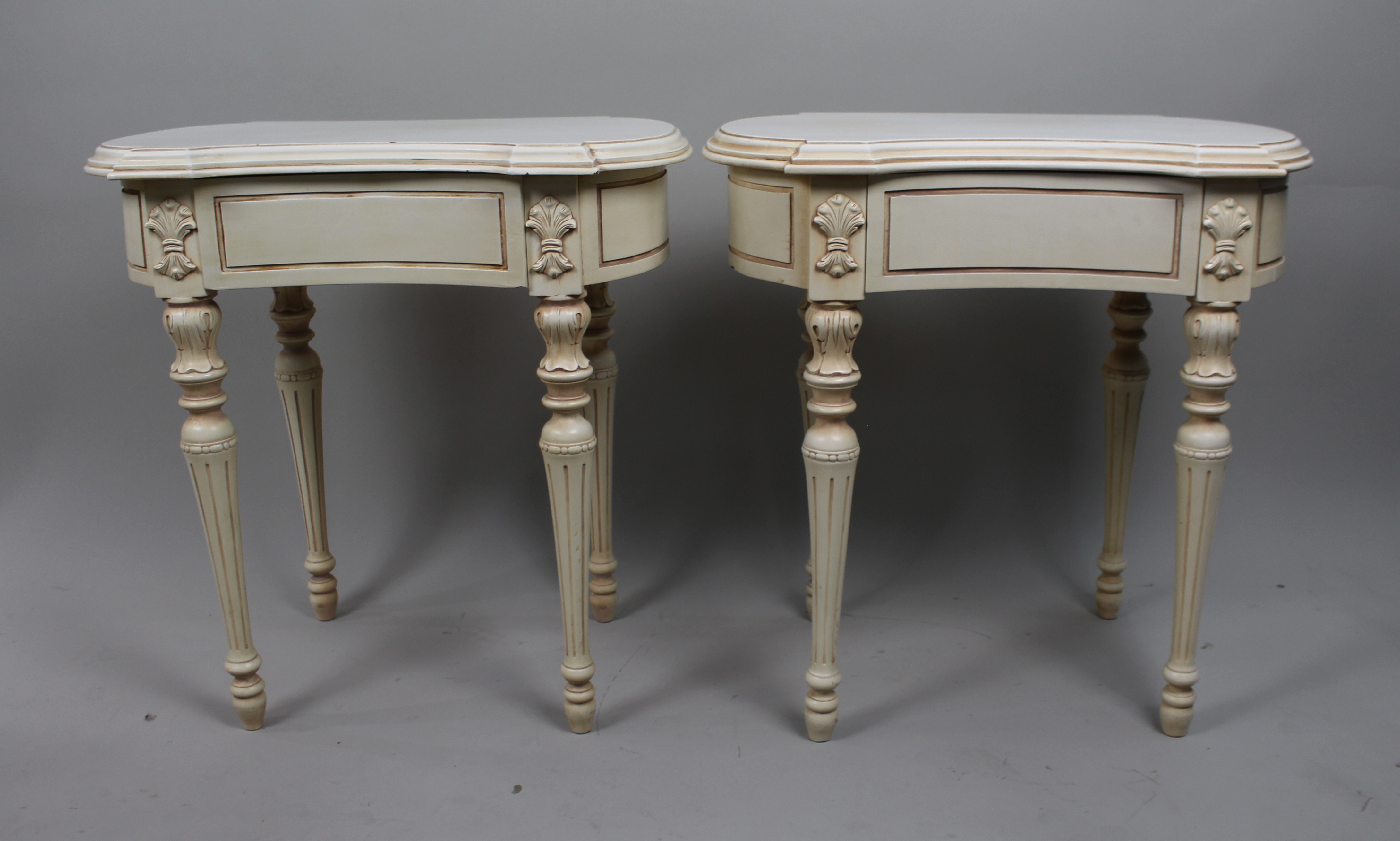 Pair of Cream Decapé Console Tables with Drawers