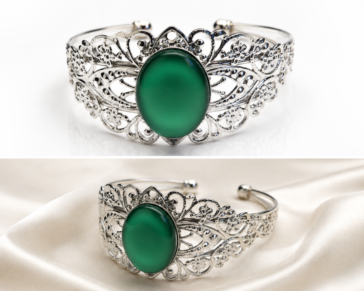 Green Cabochon Cuff Bracelet – Rhodium Plated Filigree Bracelet