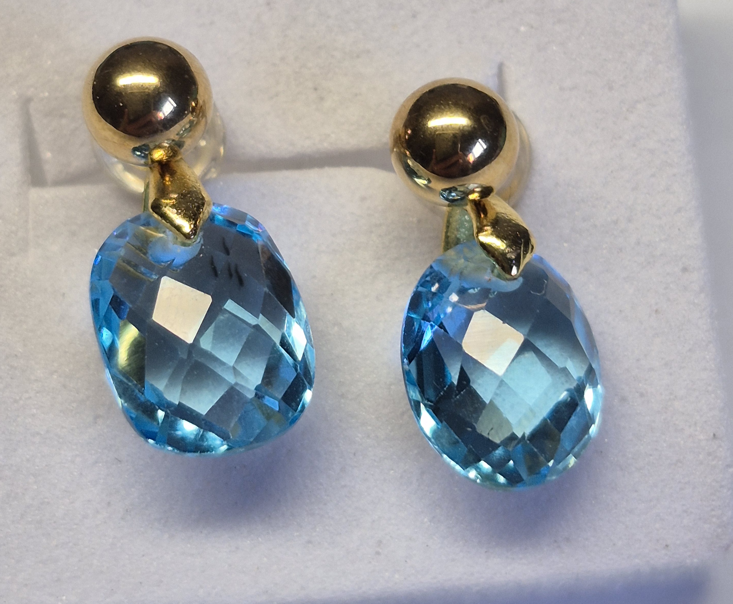 Natural Swiss Blue Topaz Drop Earrings – 10x8 mm Faceted Gemstones, Gold Tone Stud Design