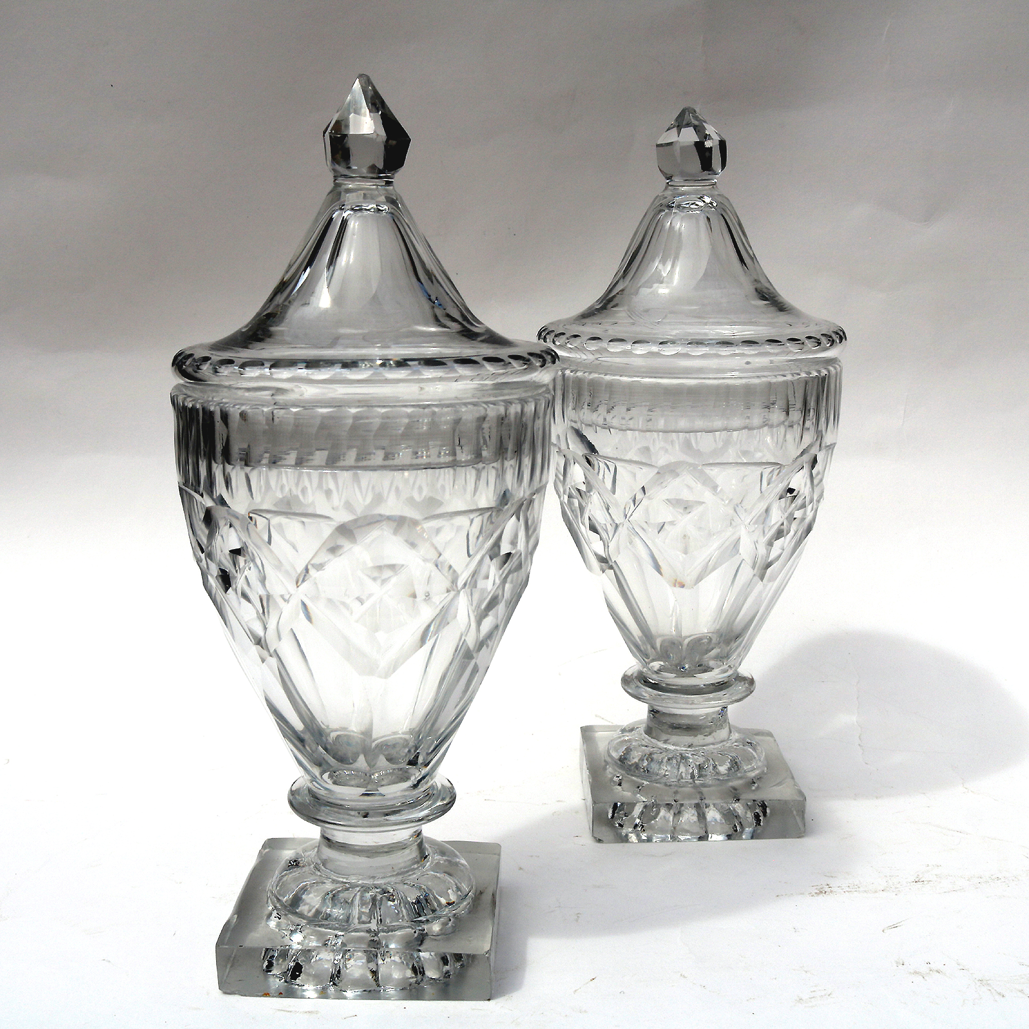 A Pair of Antique Georgian Irish Dublin Cork Cut Glass BonBon Jars Urns C.1790