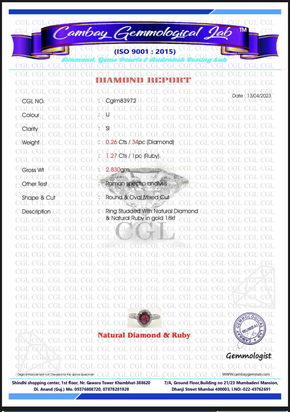 Natural Burma Ruby Unheated/Untreated With Natural Diamonds & 18k Gold