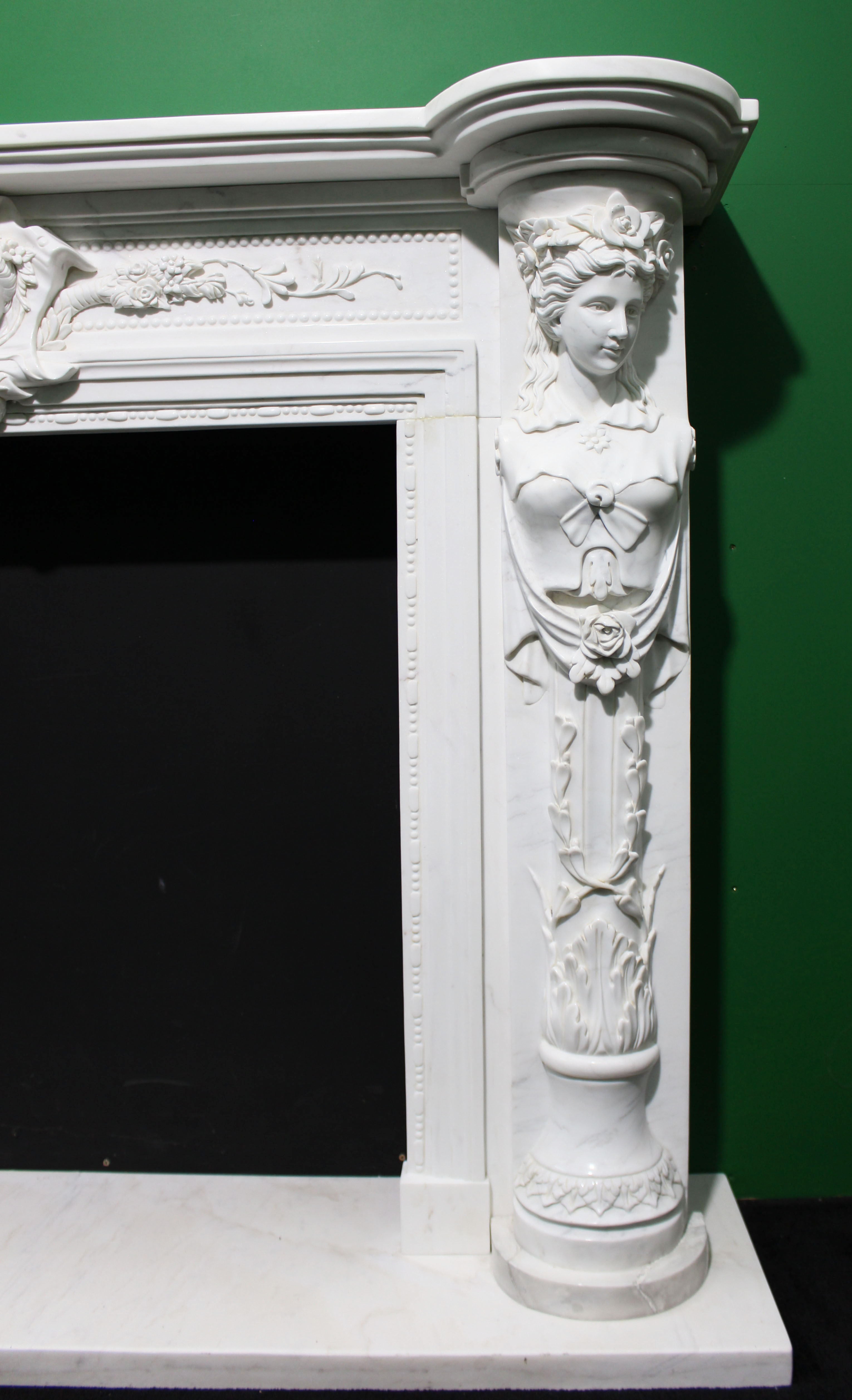 Fine Louis XVI Style Carved White Marble Fireplace Surround with Caryatid Figures