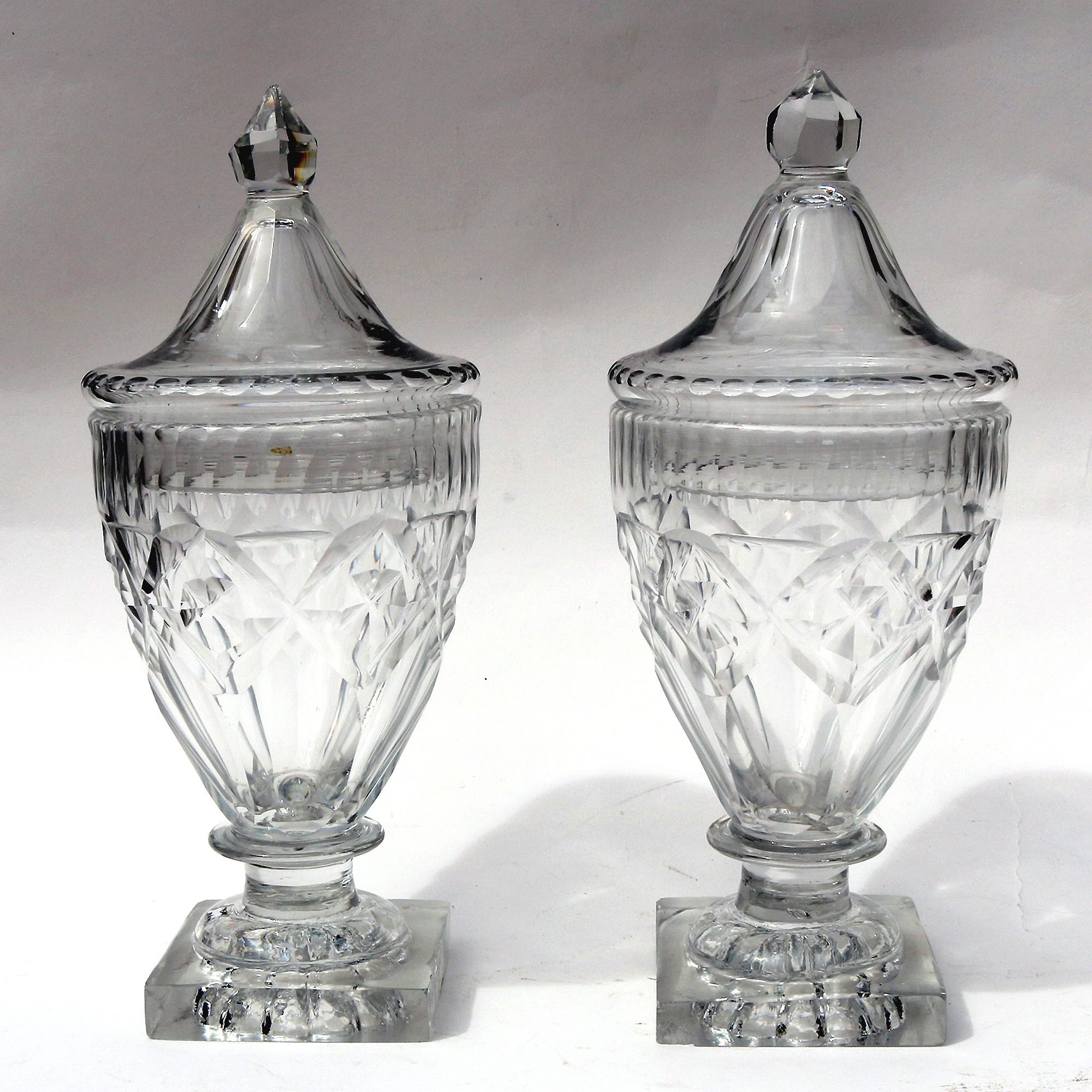 A Pair of Antique Georgian Irish Dublin Cork Cut Glass BonBon Jars Urns C.1790