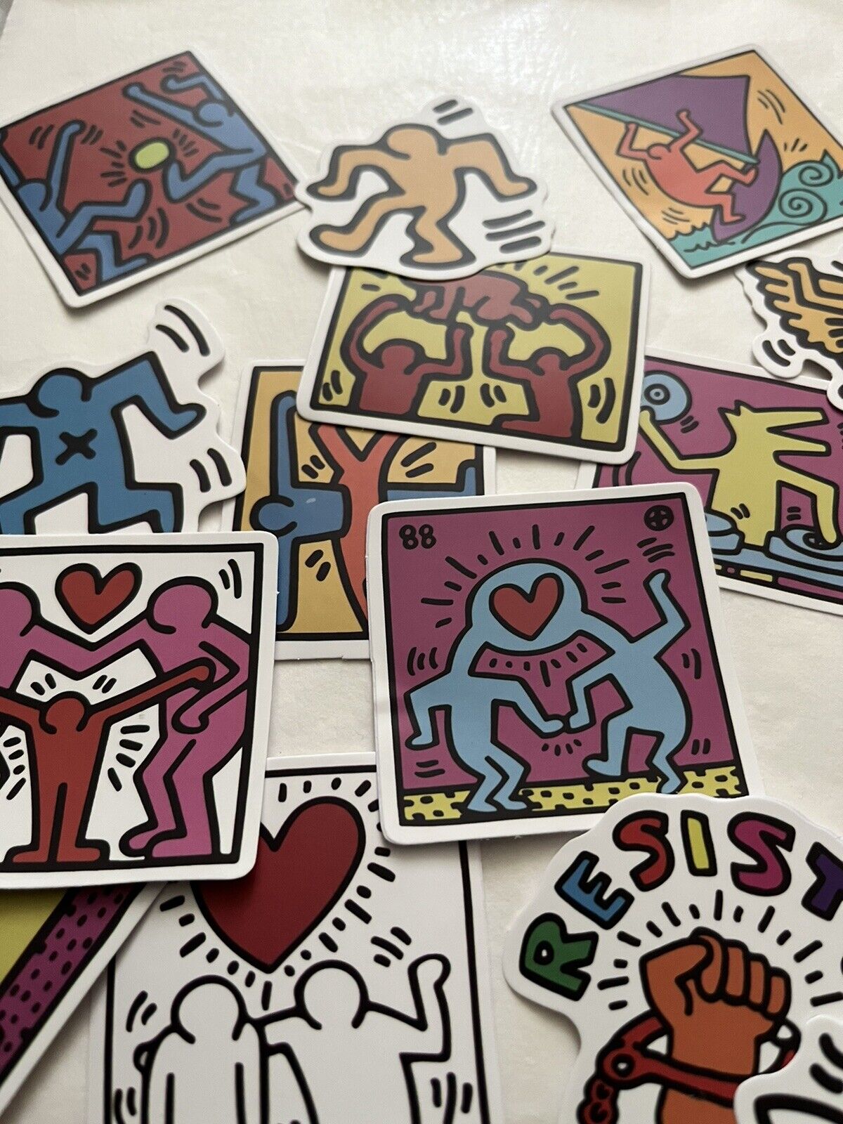 Keith Haring (1958-1990) 25 Piece Sticker Set, AV Size 5 x 5 cm Inc Family Hug, Disco Dino, 2020