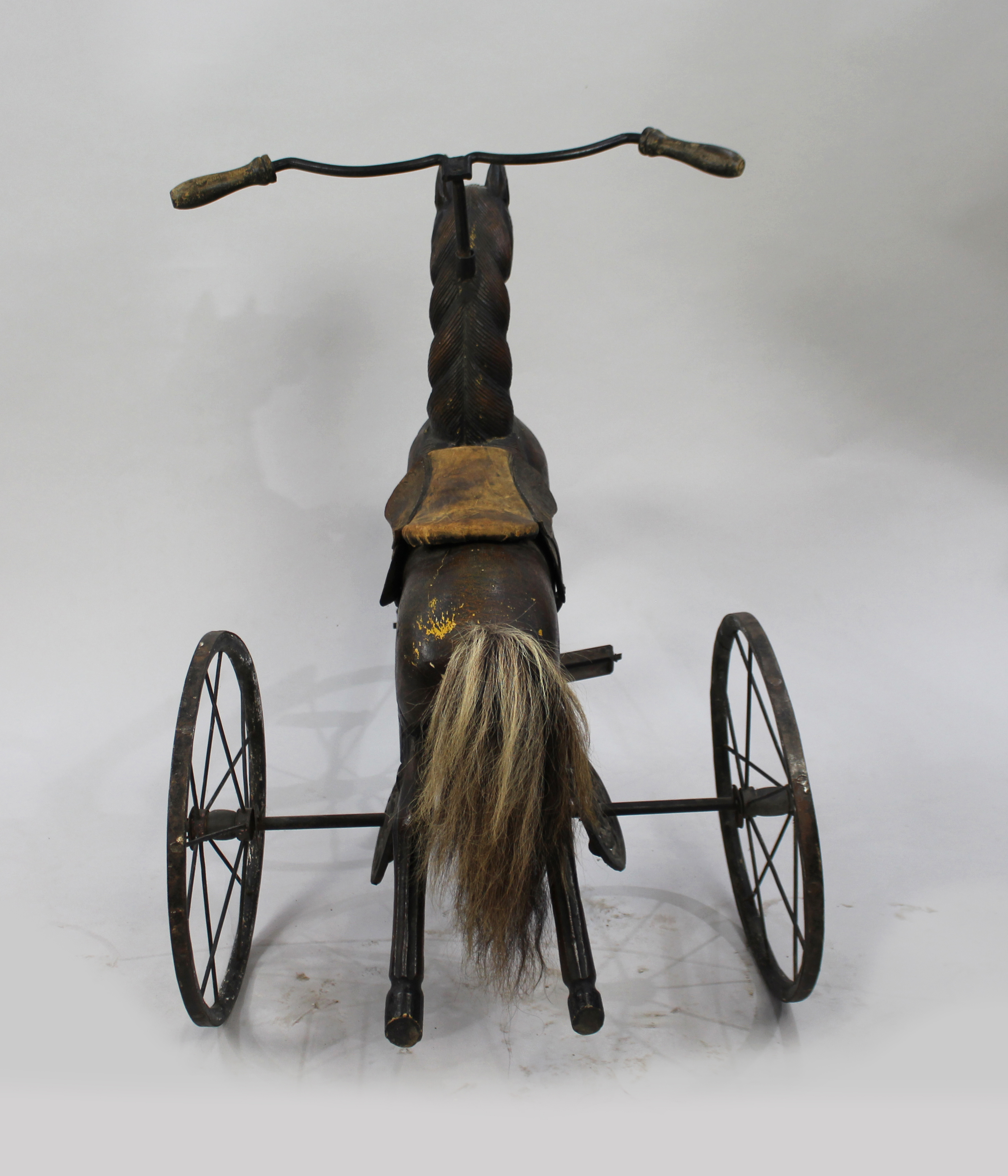 Early 20th c. Carved Wooden Horse on Tricycle