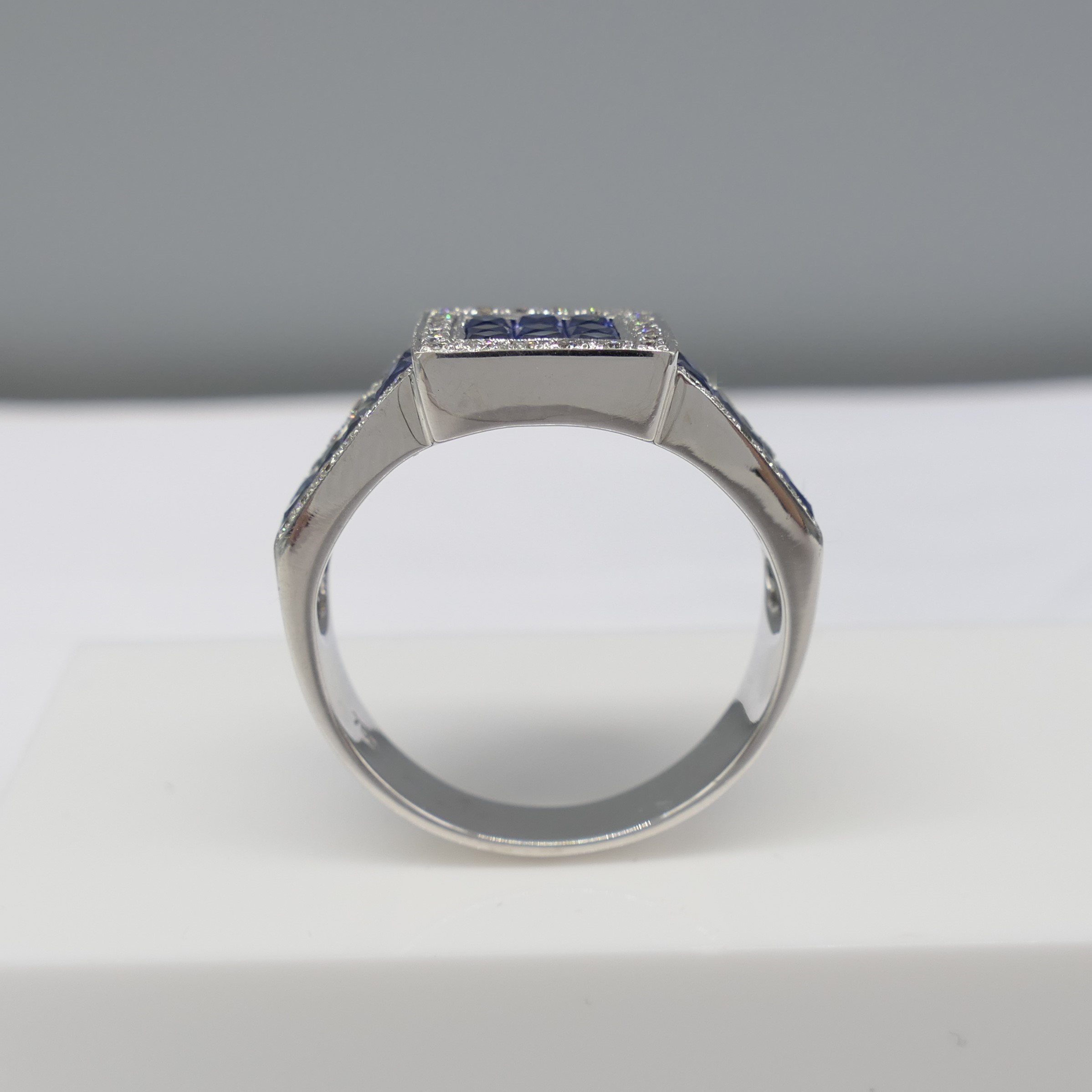 Art Deco-Style 18ct White Gold Calibre-Cut Sapphire and Round Brilliant-Cut Diamond Ring