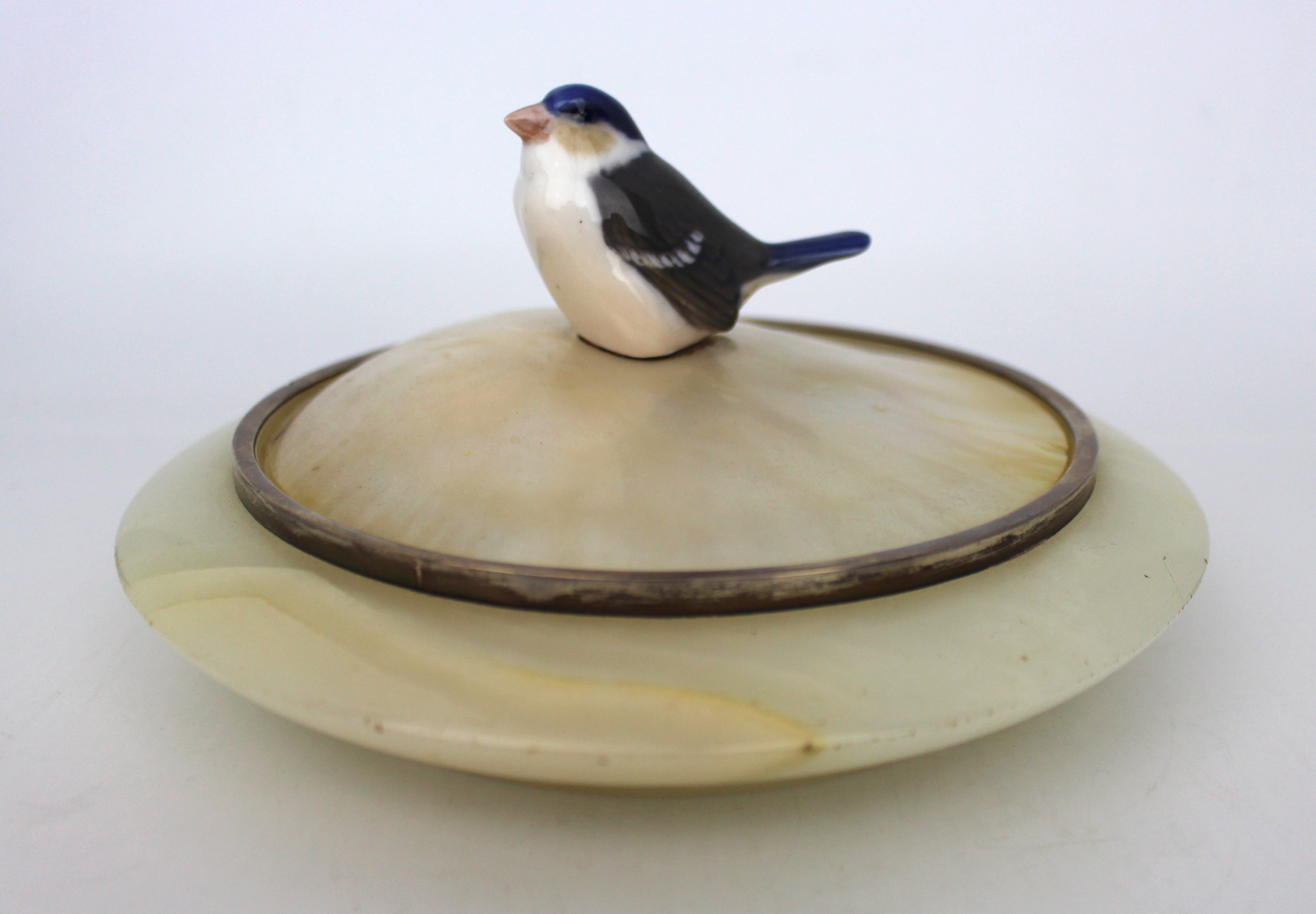 1922 Silver Mounted Alabaster Bowl with Mother of Pearl Lid & Bird Finial