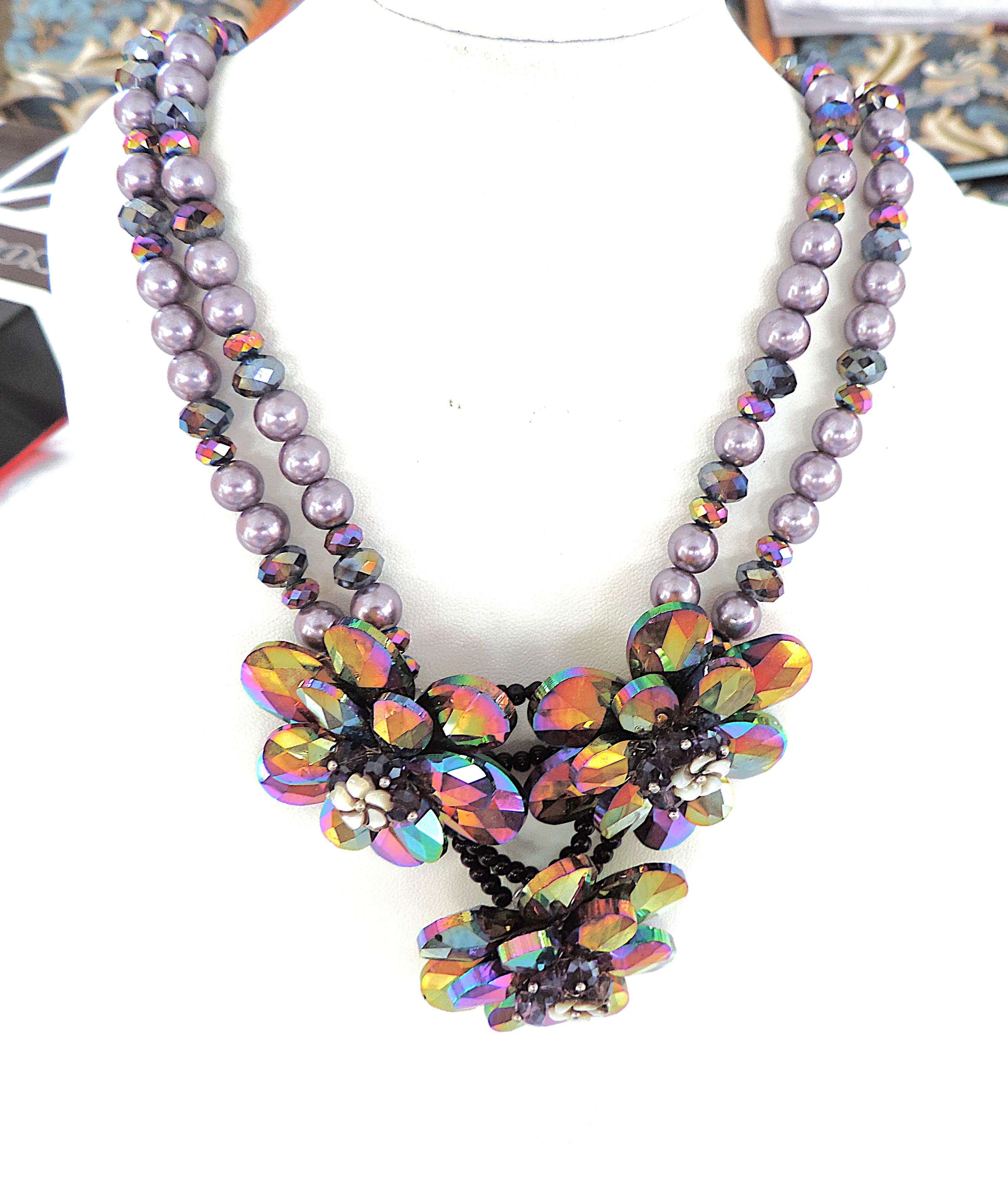 Vintage Butler and Wilson Crystal and Pearl Flower Garland Necklace in Original Box