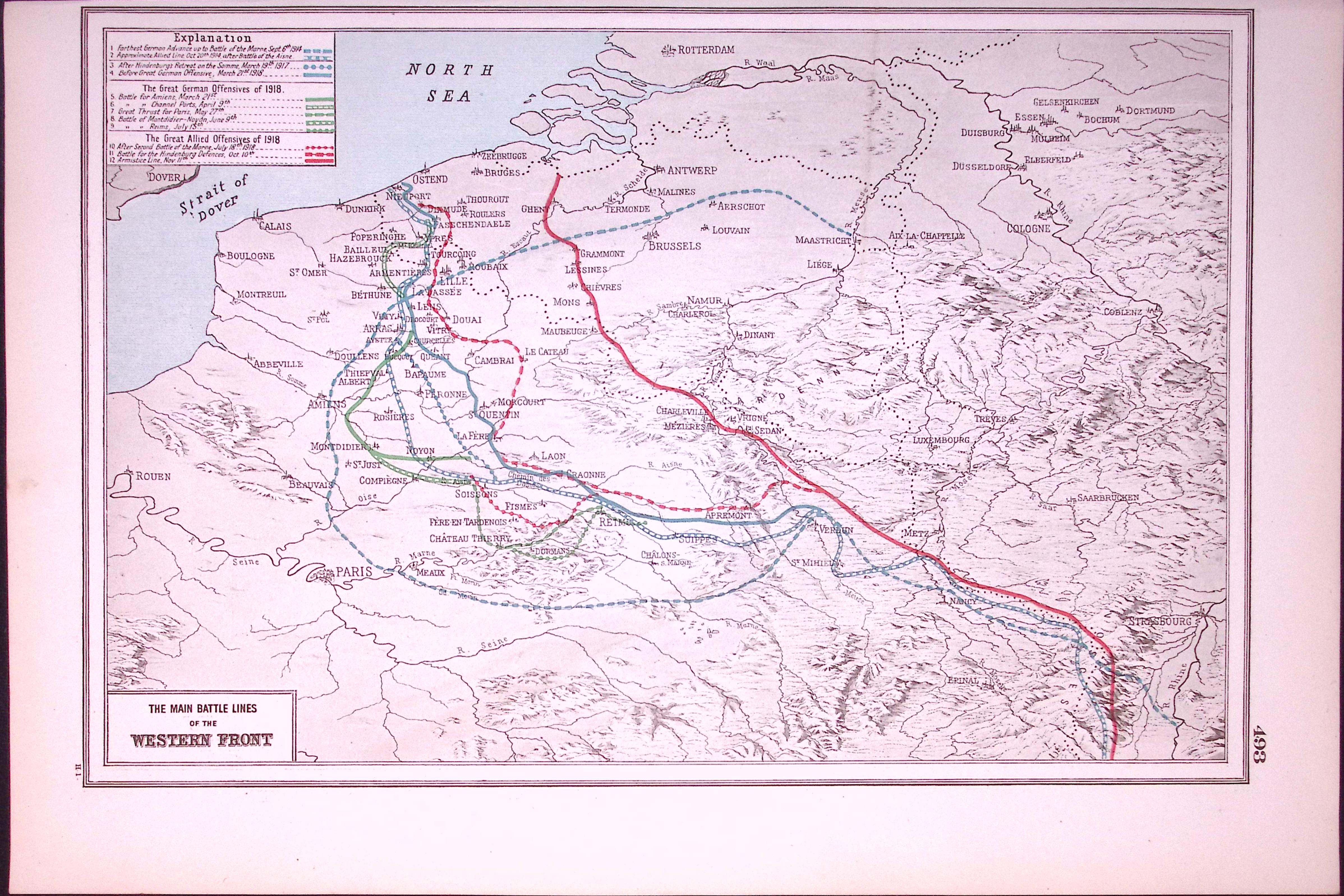 WW1 Western Front Main Battle Lines Antique 1922 Coloured Map-493