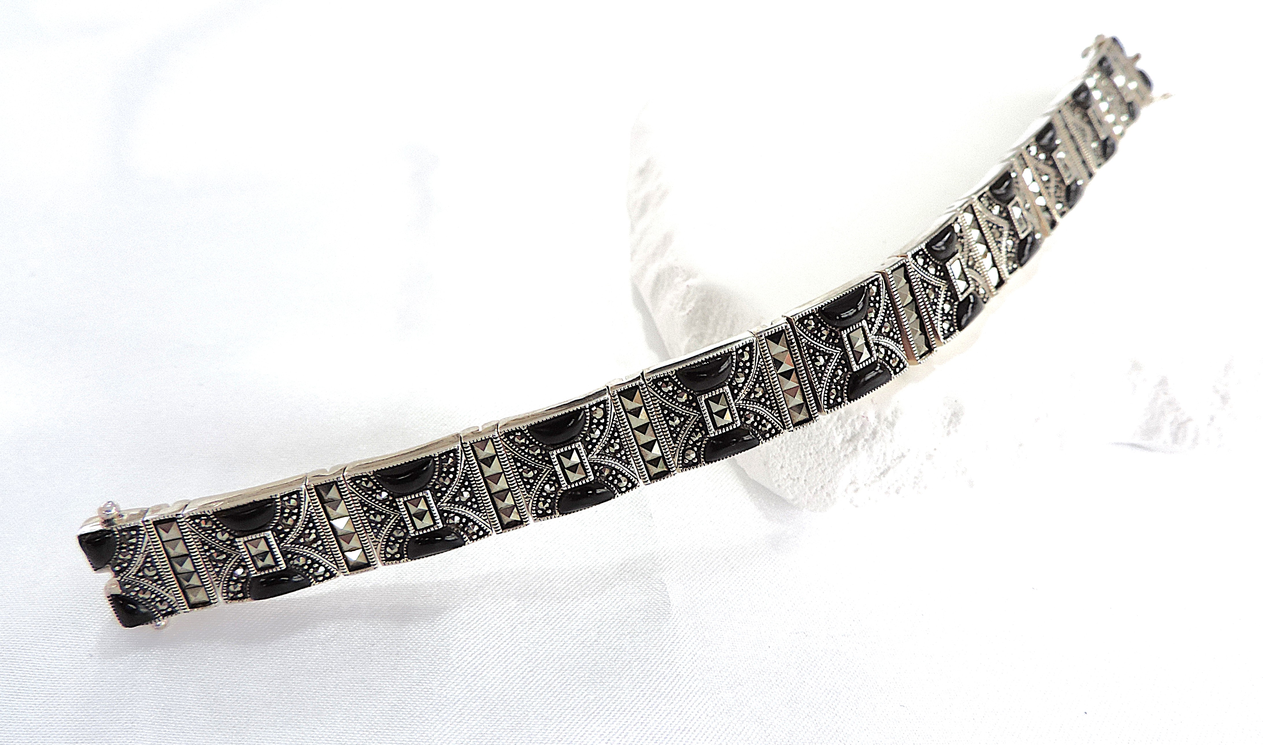Artisan Art Deco 925 Silver Black Jet & Marcasite Bracelet 46.5 grams
