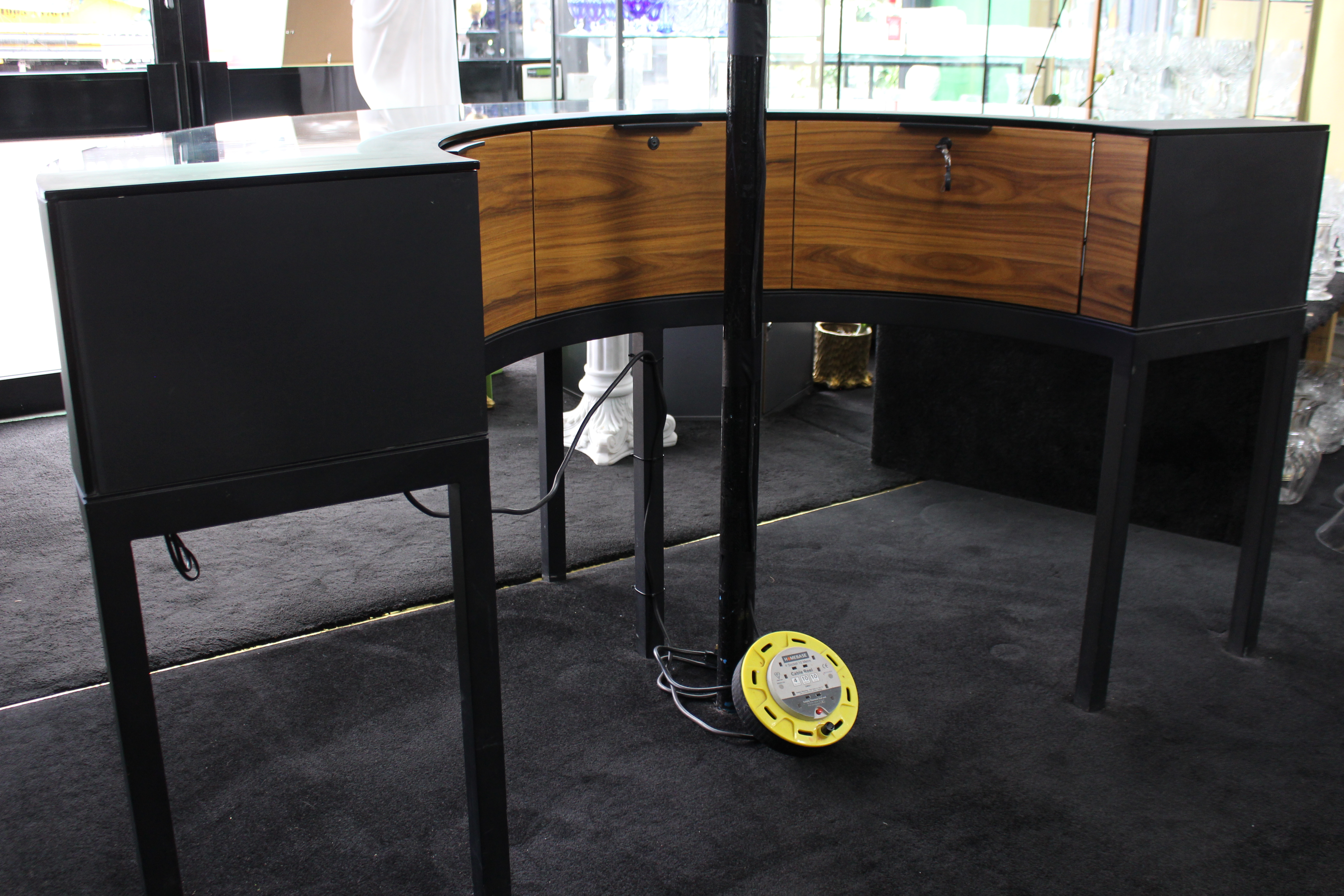 Georg Jensen Showroom Cabinet in Curved Glass and Ebonised Steel