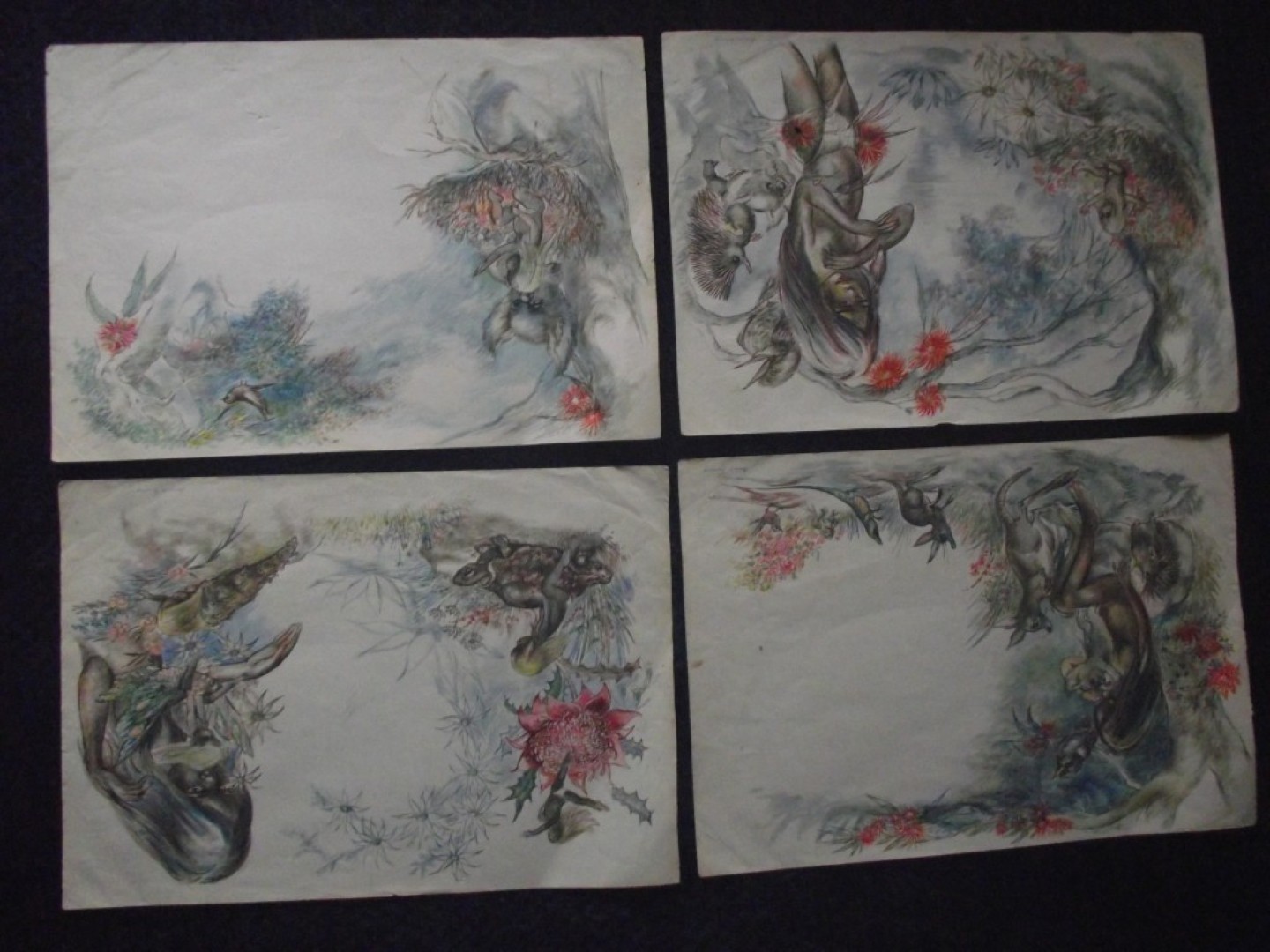 Brownie Downing - 4 x Rare Original Watercolour Illustrations - 3 Signed