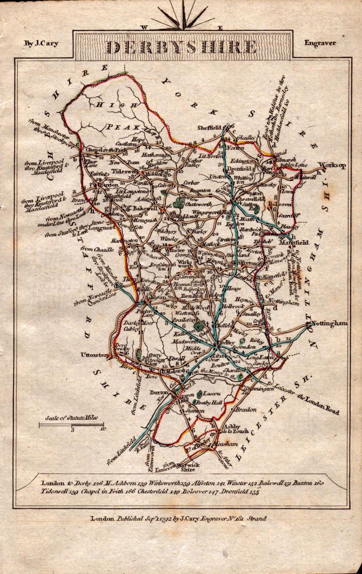Derbyshire  John Cary’s 1792 Antique George III Coloured Engraved Map.