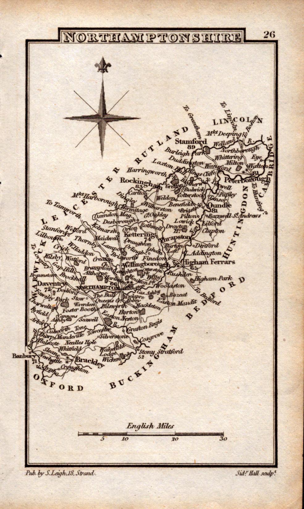 Northamptonshire Antique Copper Engraved George IV Map by Sidney Hall.