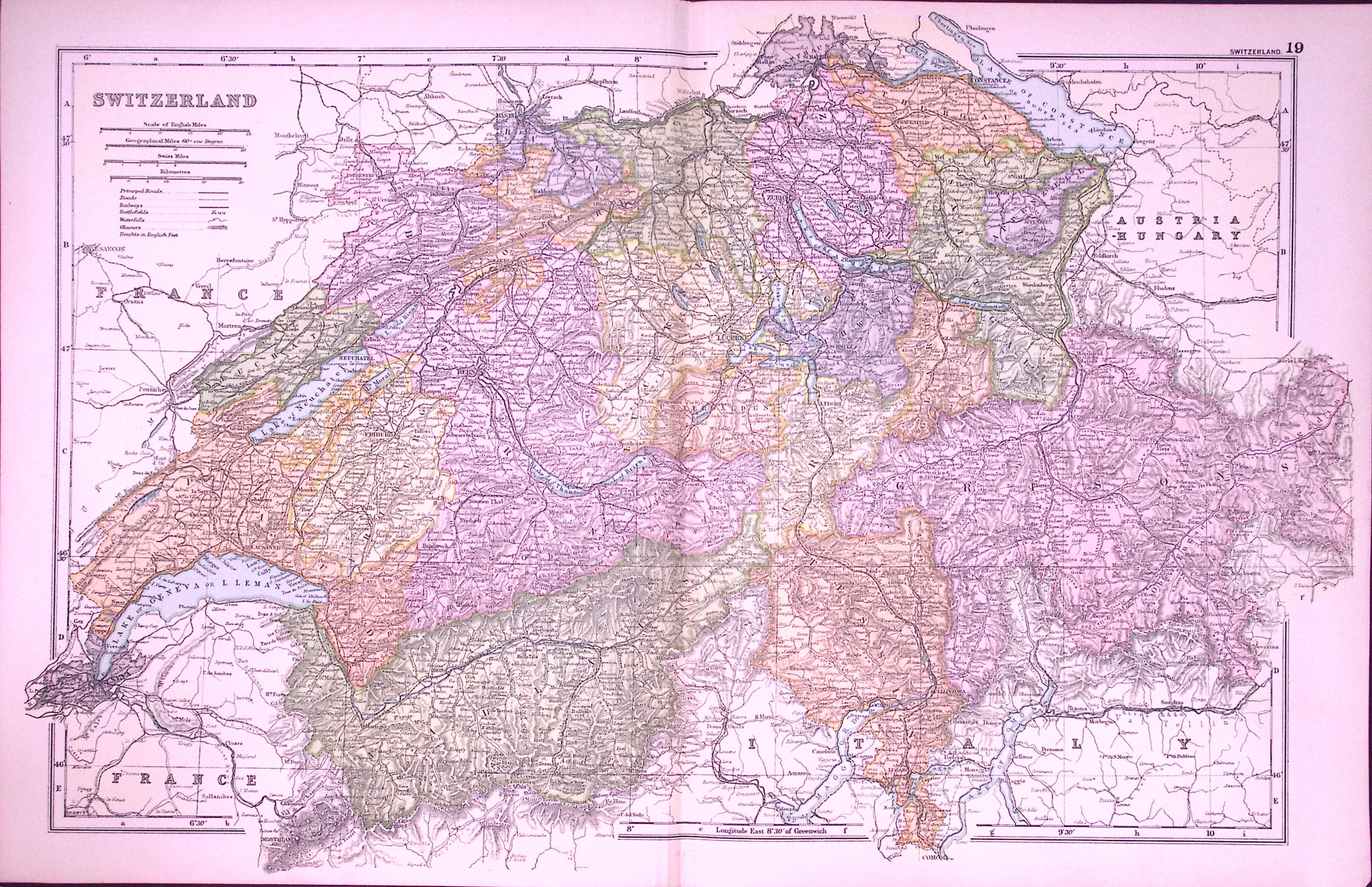 Switzerland & The Alps 120-Year-Old Large Antique Map by G.W. Bacon-19