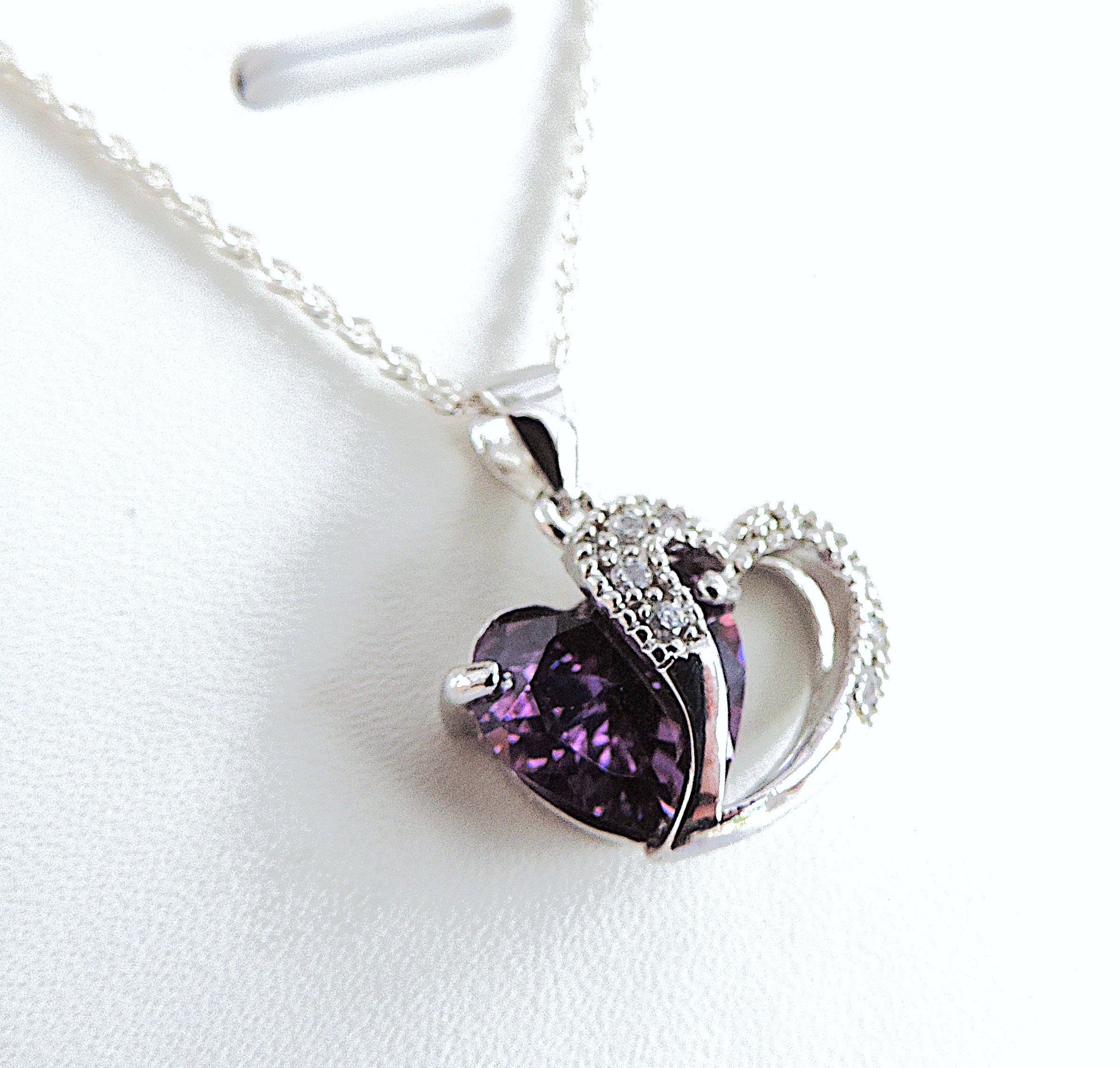 925 Silver Amethyst & Diamond Heart Pendant Necklace