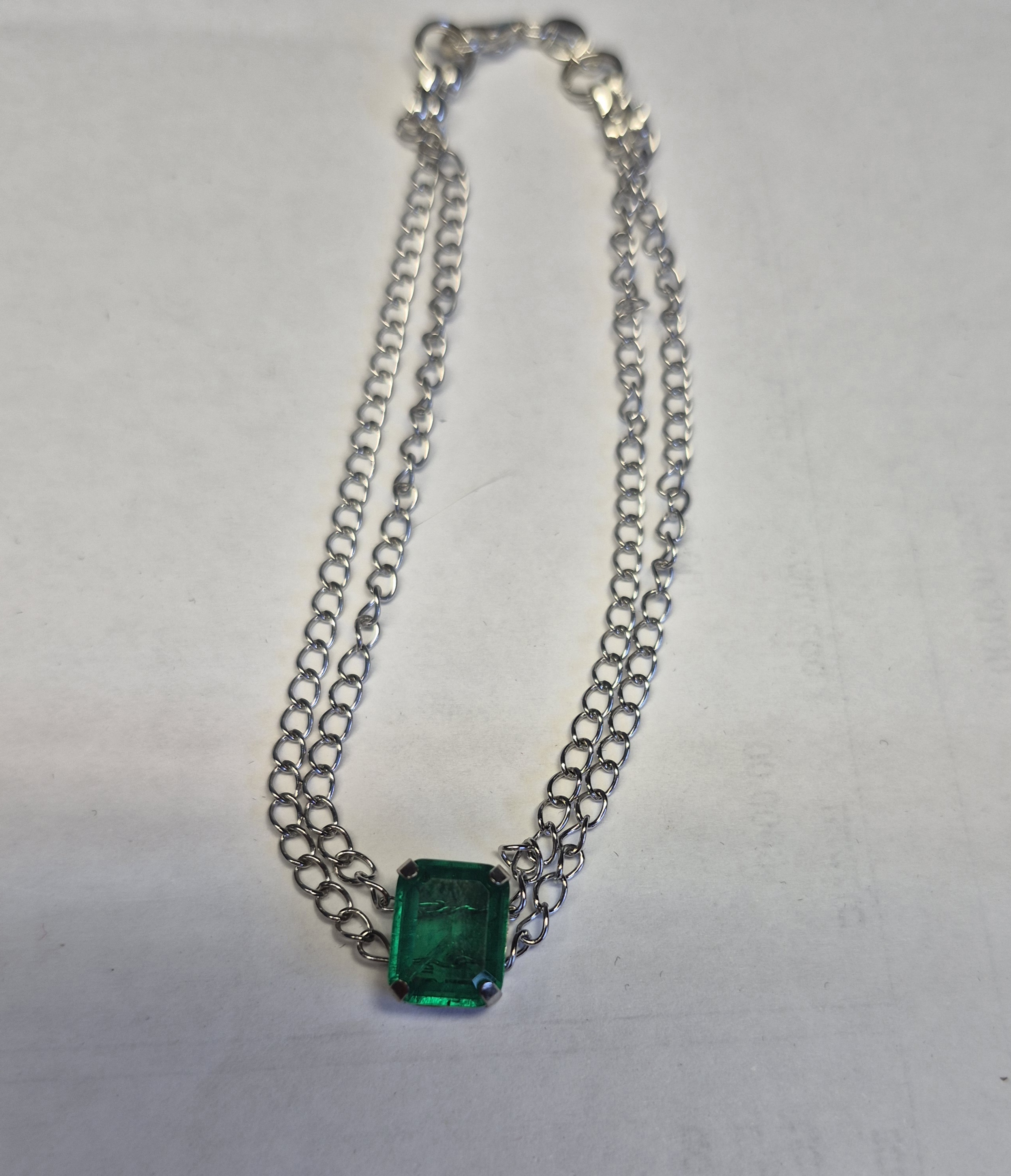 Natural Emerald Doublet Double Chain Bracelet – Emerald Cut Green Stone – Stainless Steel – 19 cm