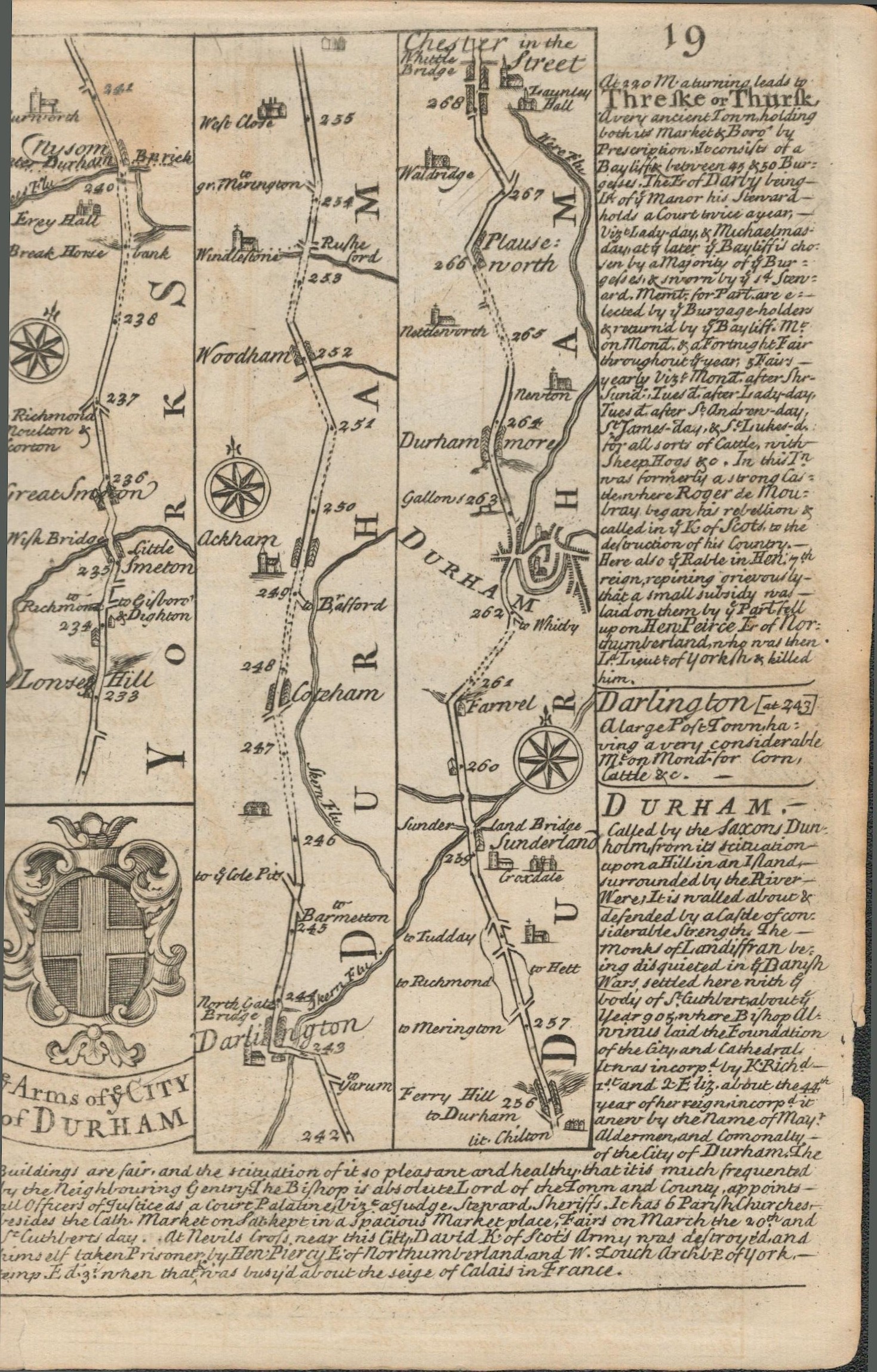 Bowen 290 Yrs Old Detailed Road Map Arms of the City of Durham & Newcastle.