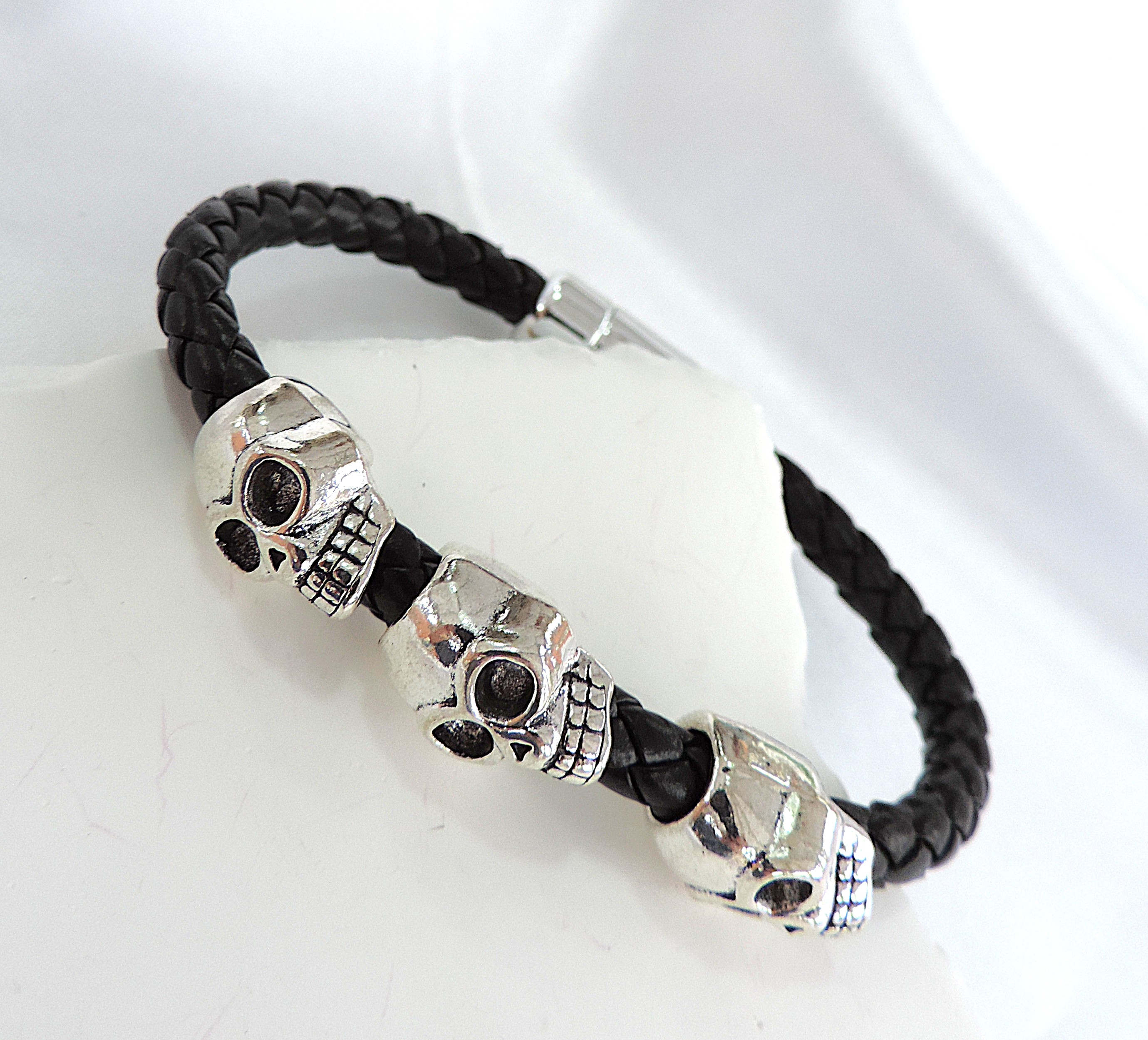 Men's Braided Leather Stainless Steel Skull Head Bracelet