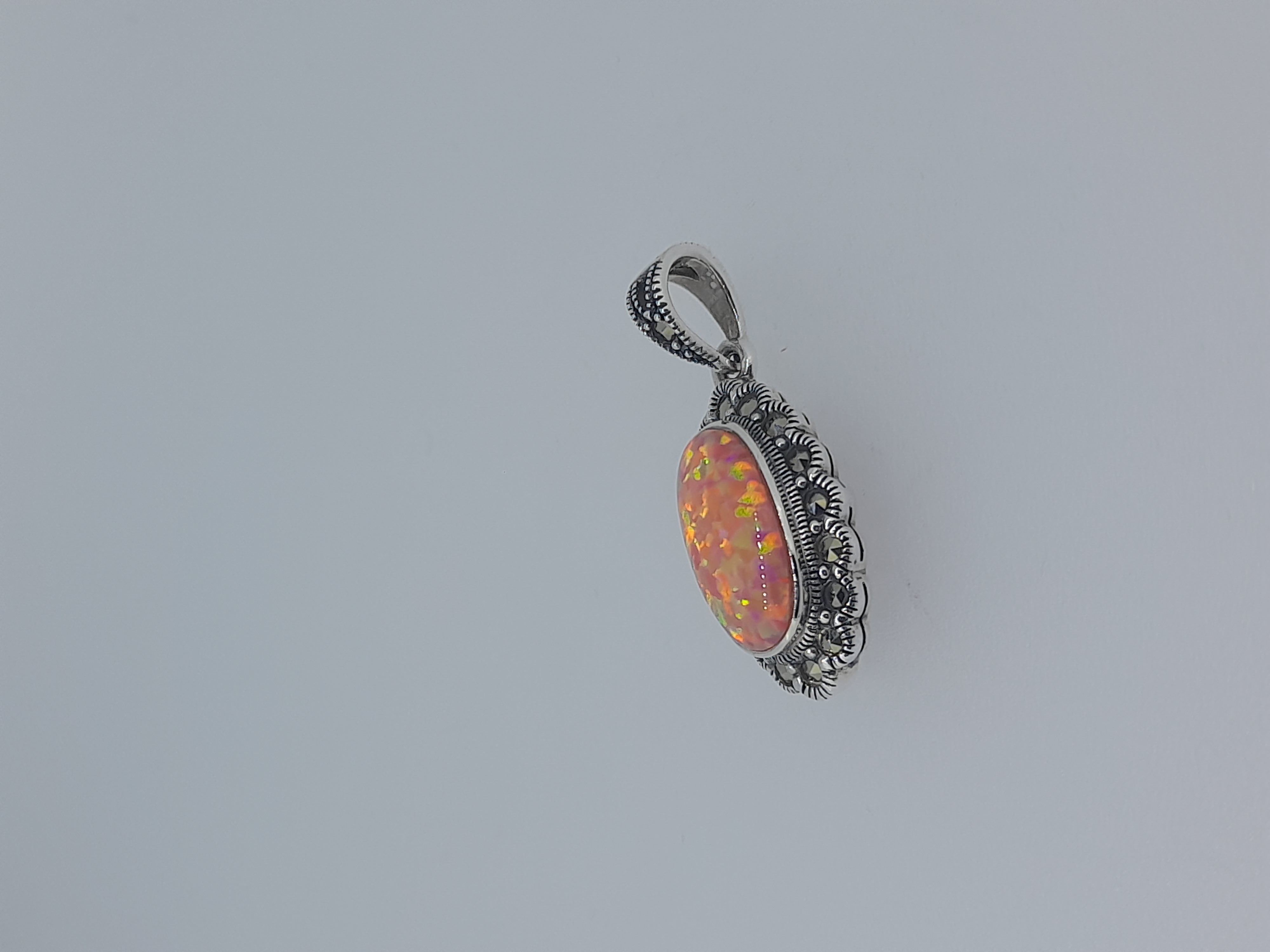 Silver Synthetic Fire Opal and Marcasite Set Pendant
