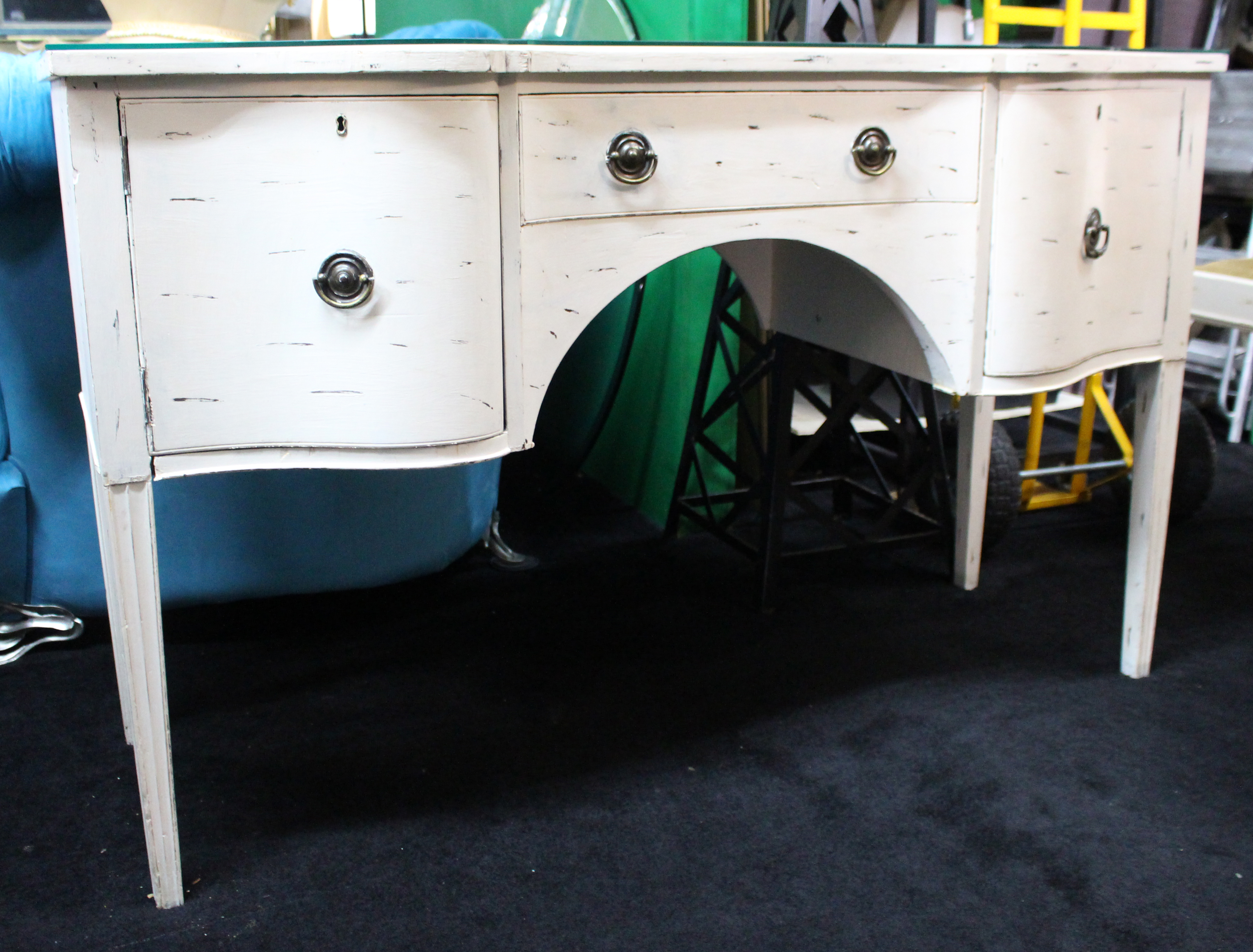 Vintage Painted Dressing Table with Stool – Distressed Cream Finish, Glass Top
