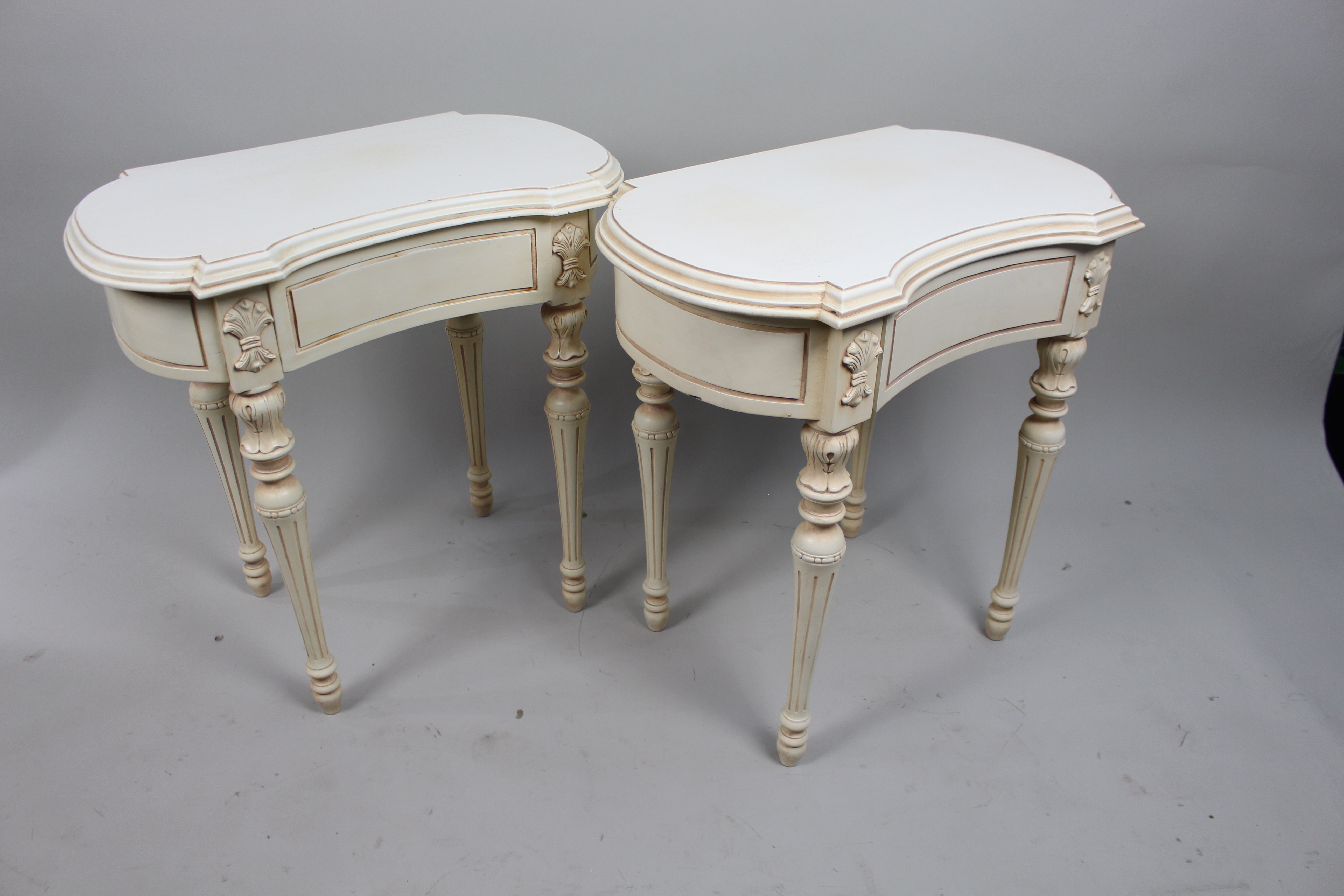 Pair of Cream Decapé Console Tables with Drawers