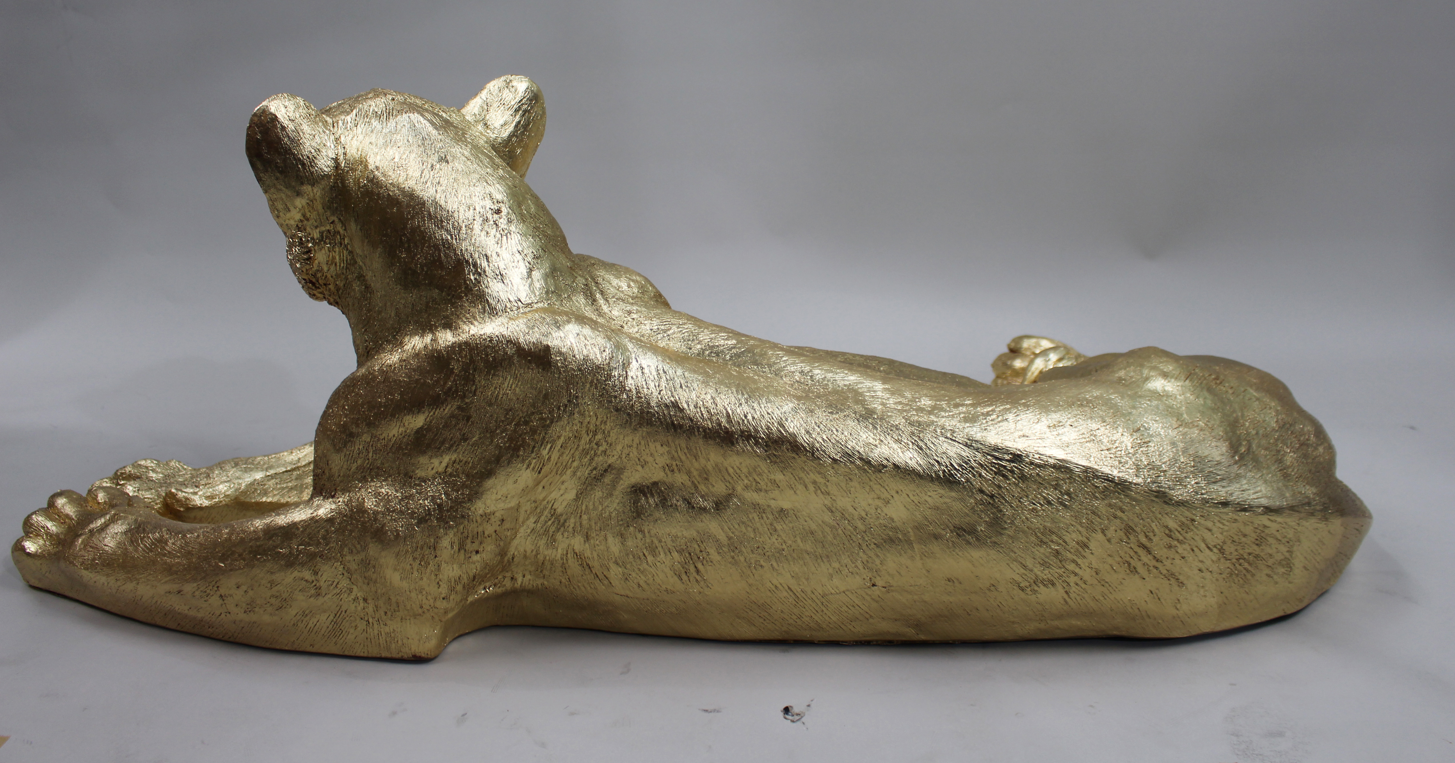 Large Reclining Lioness Sculpture Resin with Hand-Applied Gold Leaf Finish