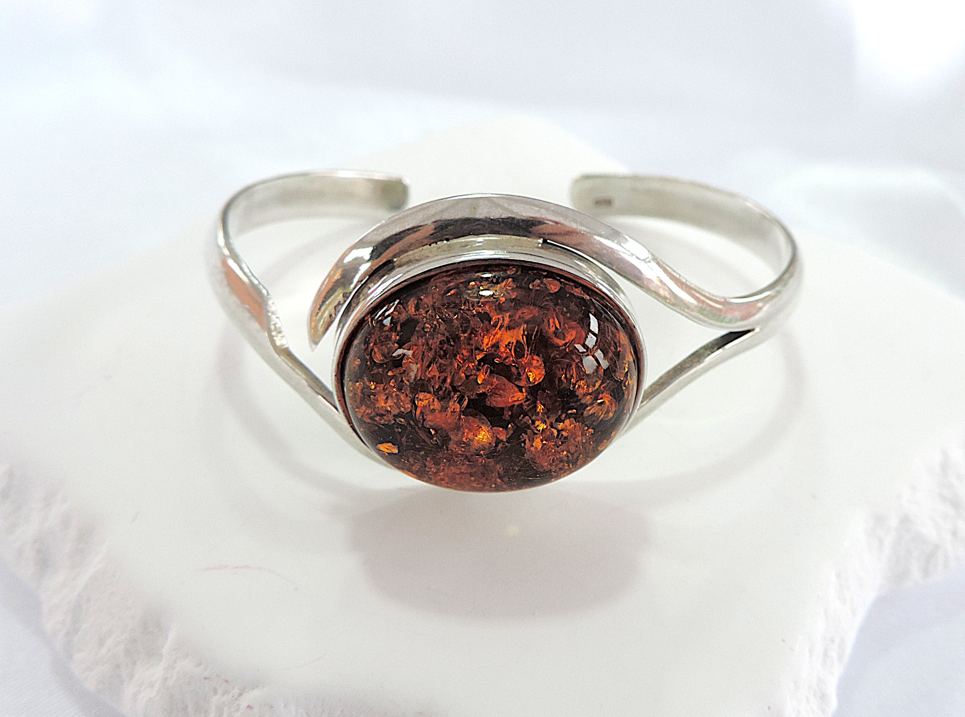 Vintage 925 Silver Chunky Baltic Amber Bangle