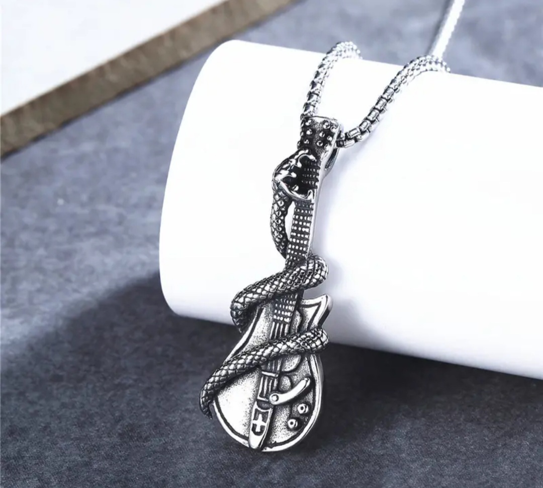 NEW! Stainless Steel Chain with Retro Style Python Guitar Alloy Pendant