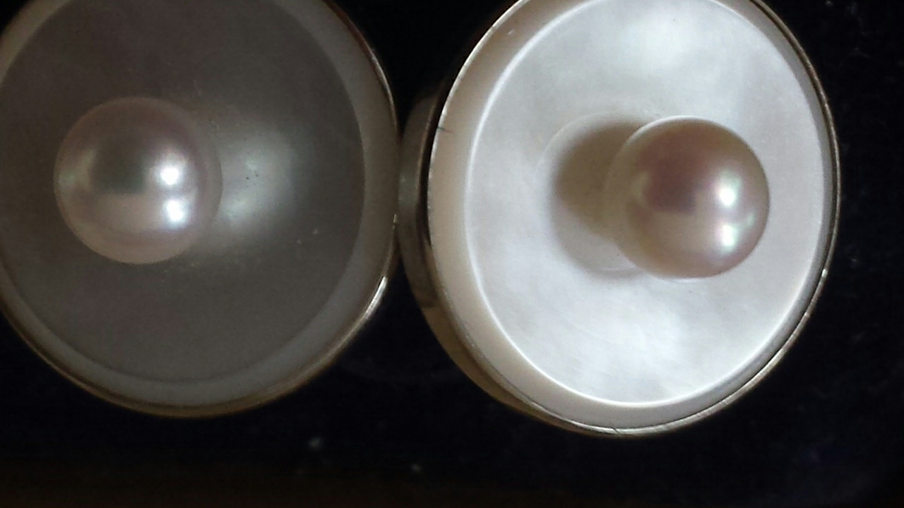 A Rare Pair of Vintage "14k" White Gold Mikimoto Pearl and Mother-of-Pearl Cufflinks