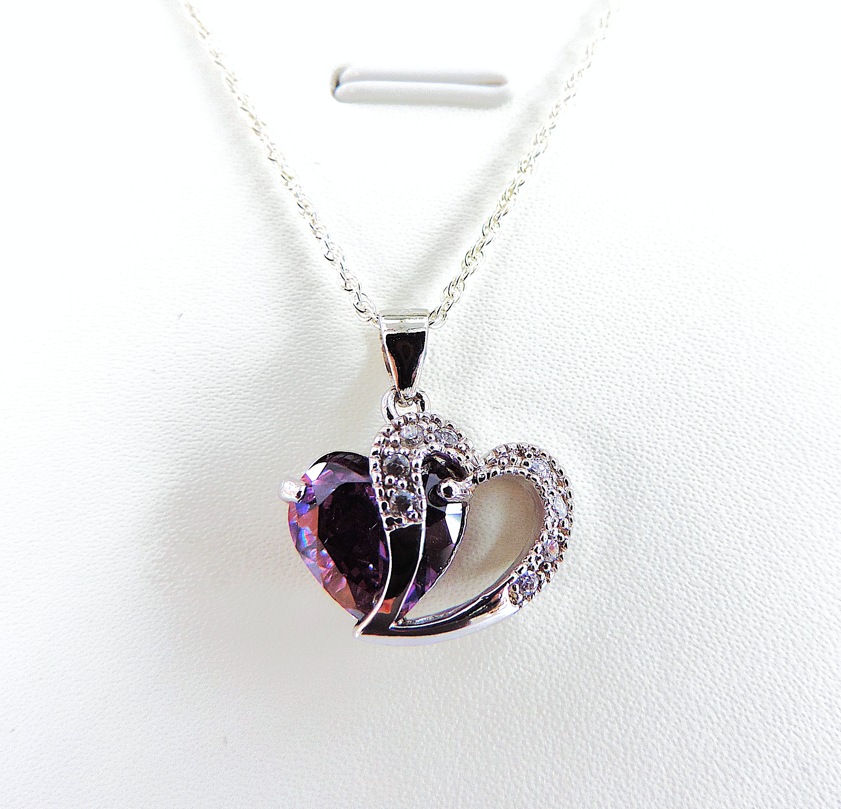 925 Silver Amethyst & Diamond Heart Pendant Necklace