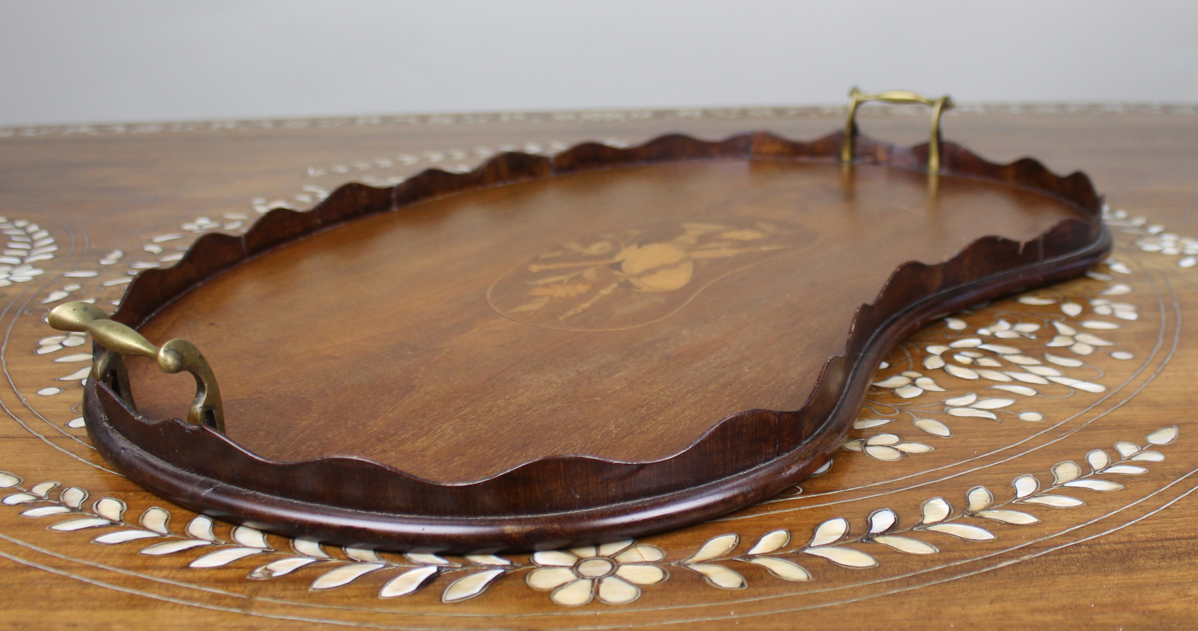 Antique Inlaid Wooden Tray with Brass Handles