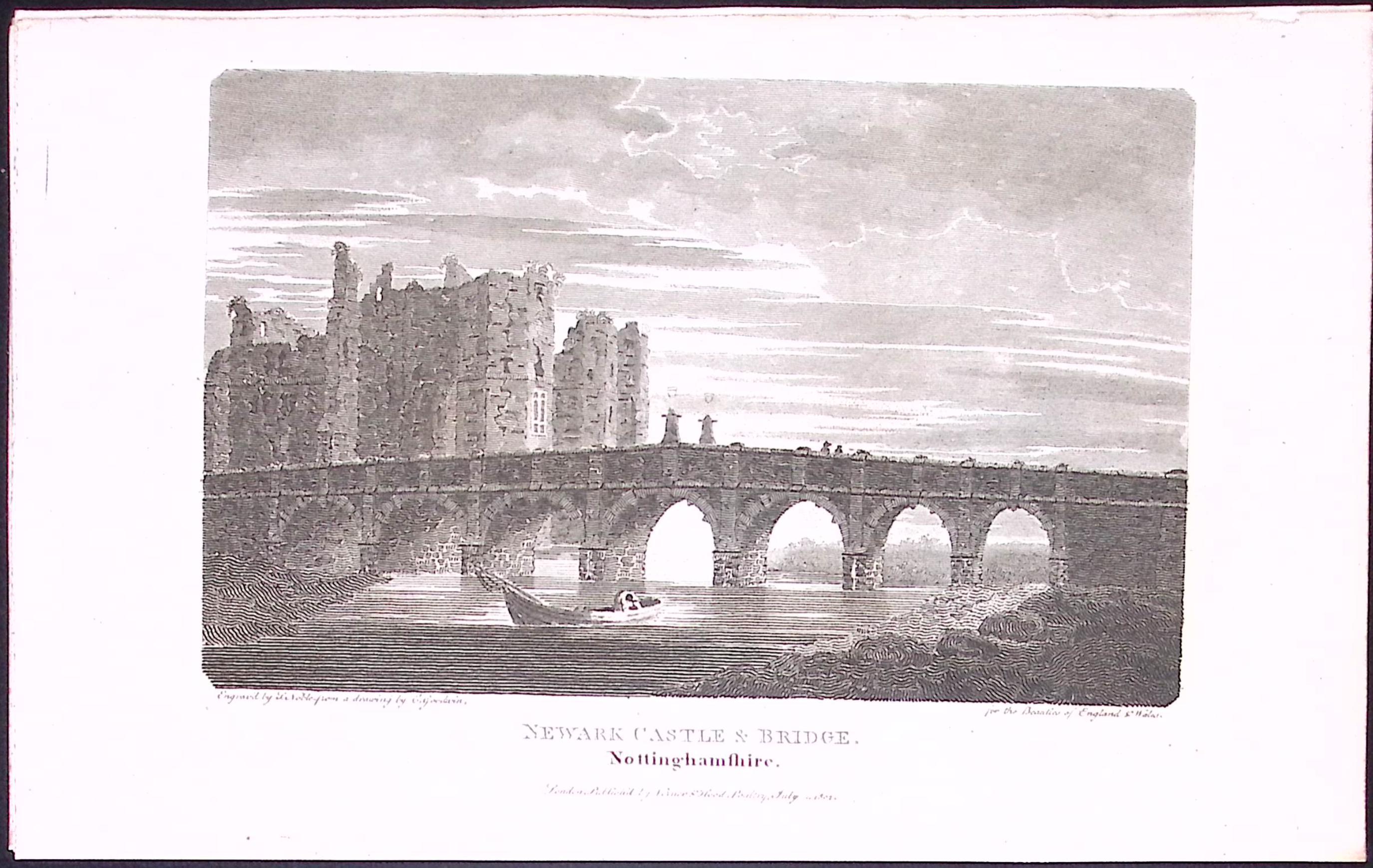 Nottinghamshire Newark Castle & Bridge  212 Years-Old Steel-Engraving-158