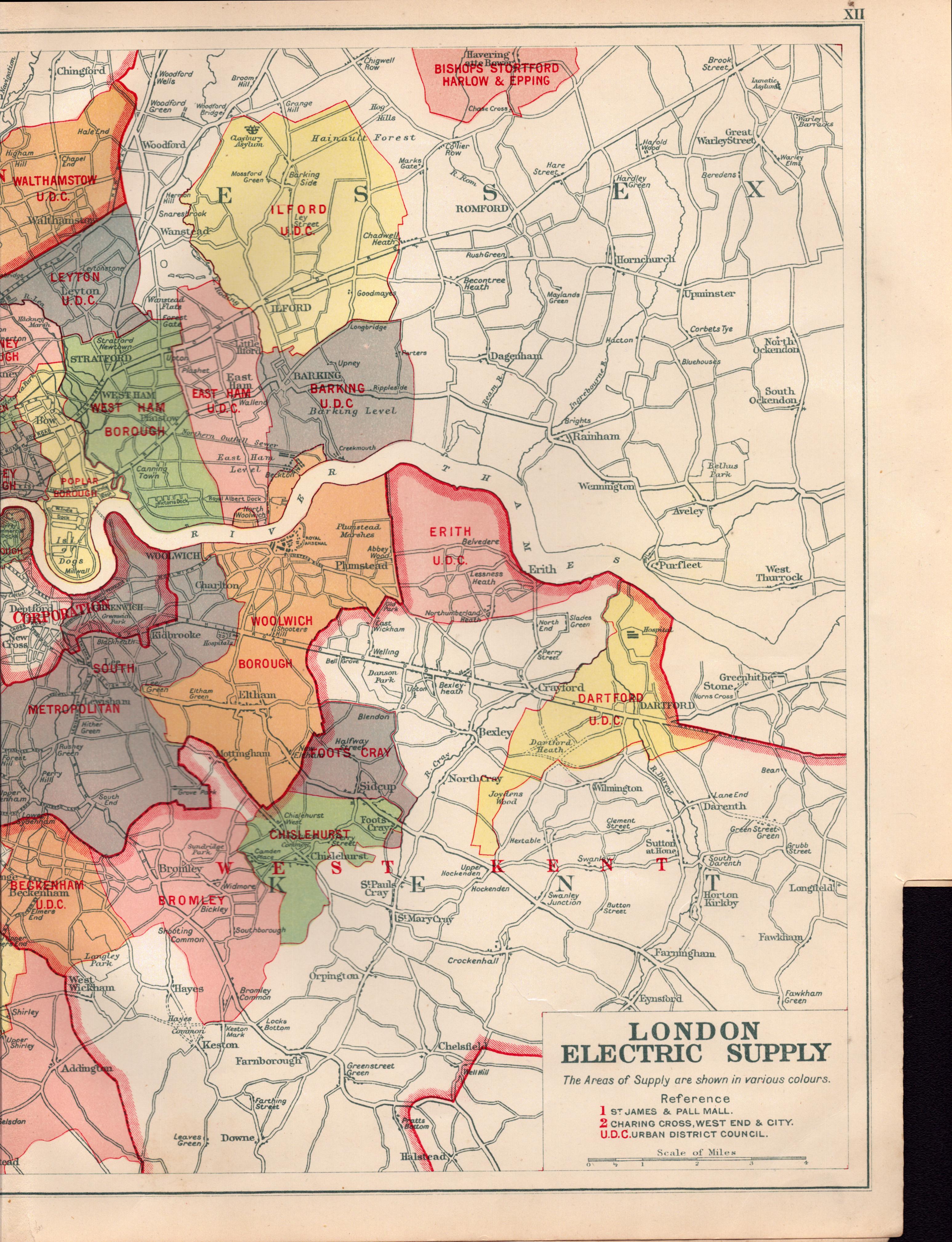Bacons London Electric Supply Detailed  Map West Ham, Chelsea, Fulham.