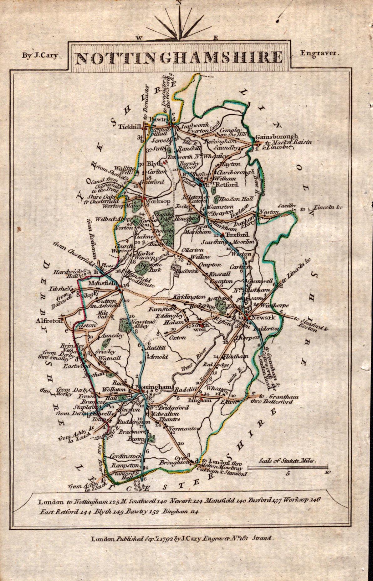 Nottinghamshire John Cary’s 1792 Antique Coloured Engraved Map.