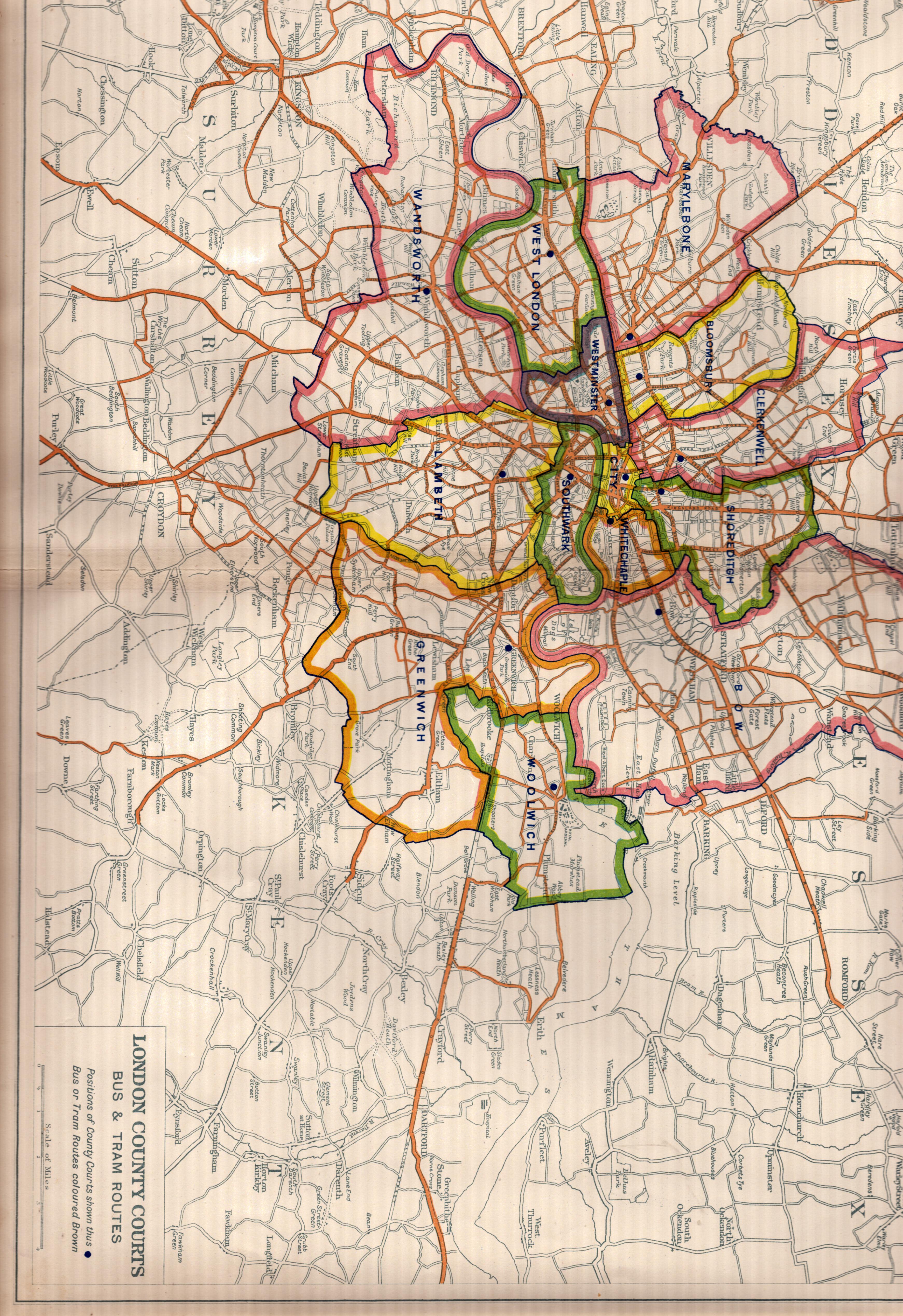 Bacons Vintage London County Courts Bus & Tram Routes Map.