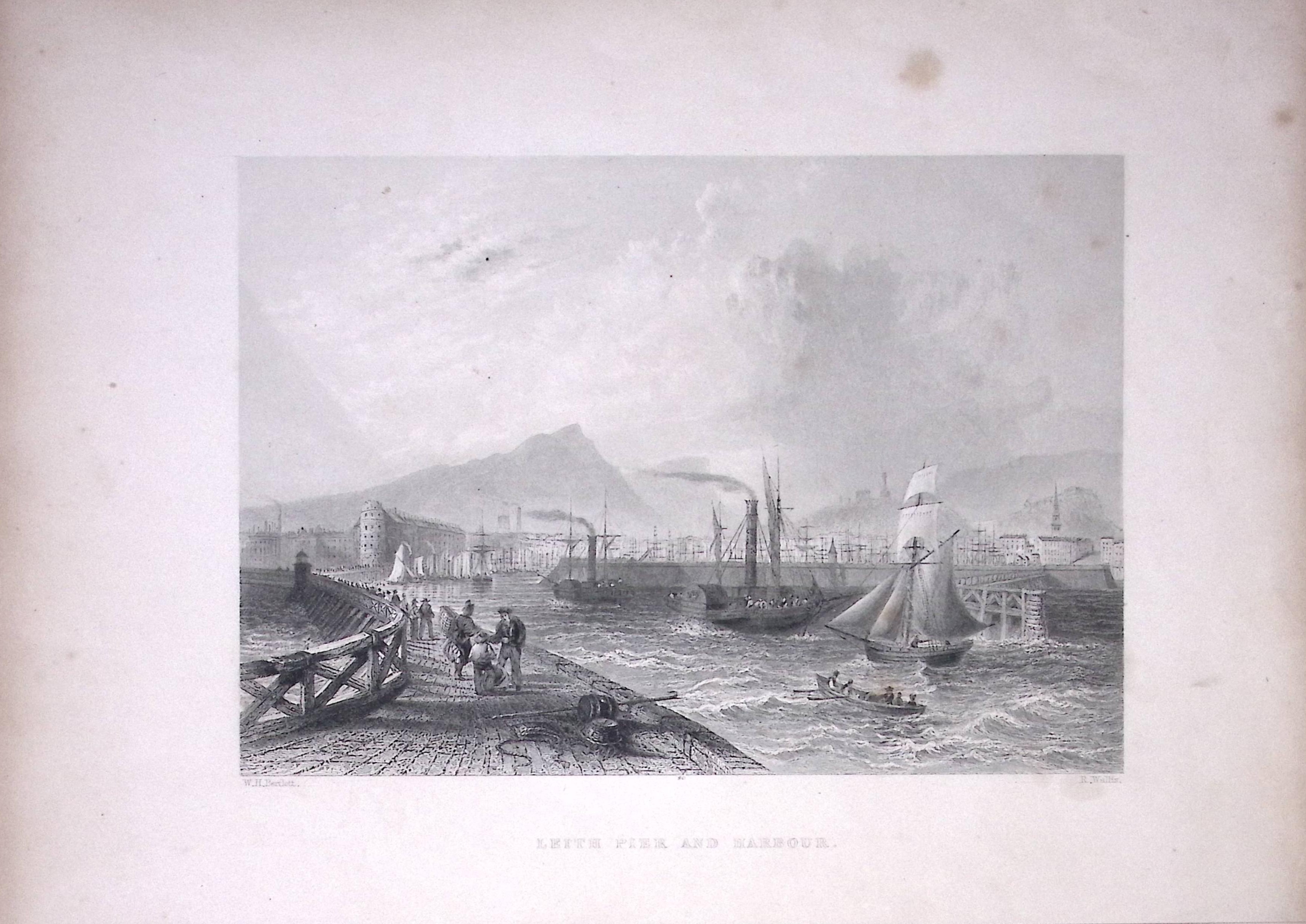 Leith Pier & Harbour Scotland WH Bartlett 1842 Antique Steel Engraving-17-TR